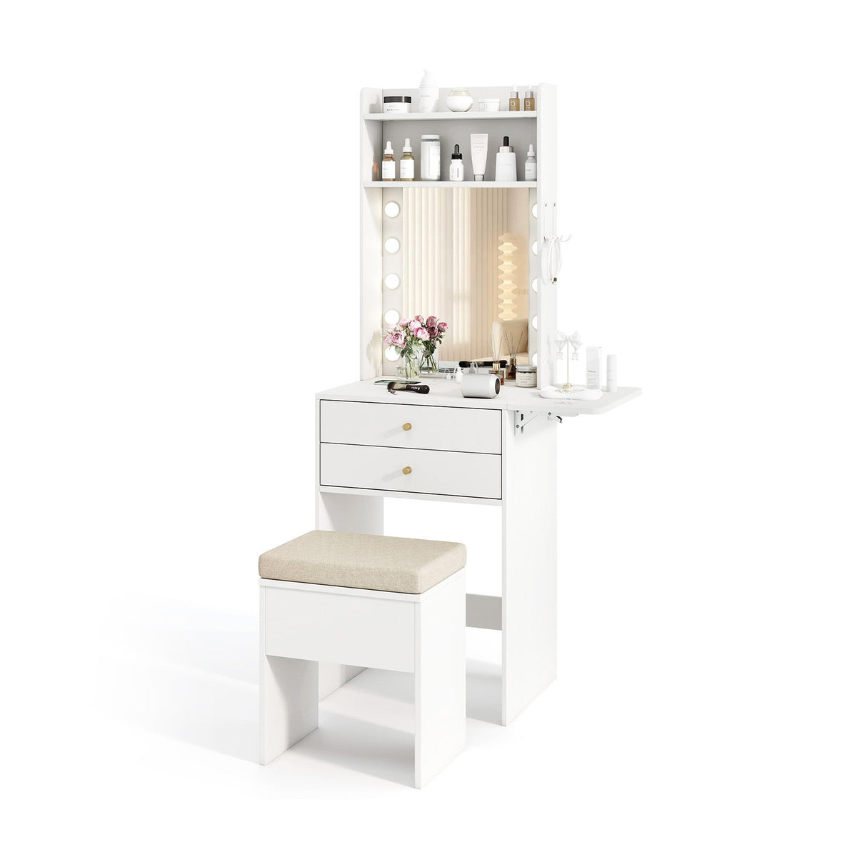 Compact Vanity Desk Set with 3-Color Lighted Mirror and Power Outlets-White-Makeup Vanities-DECOROLALA