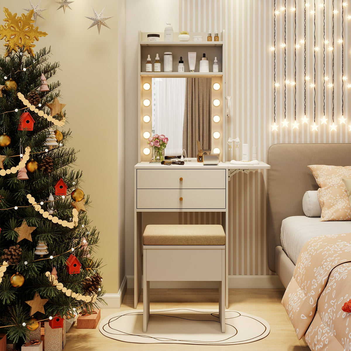 Compact Vanity Desk Set with 3-Color Lighted Mirror and Power Outlets-White-Makeup Vanities-DECOROLALA