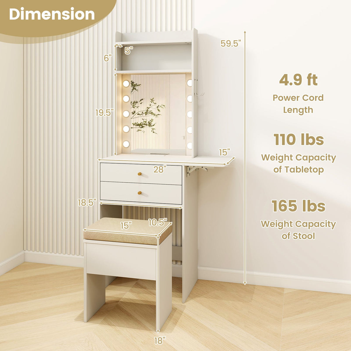 Compact Vanity Desk Set with 3-Color Lighted Mirror and Power Outlets-White-Makeup Vanities-DECOROLALA