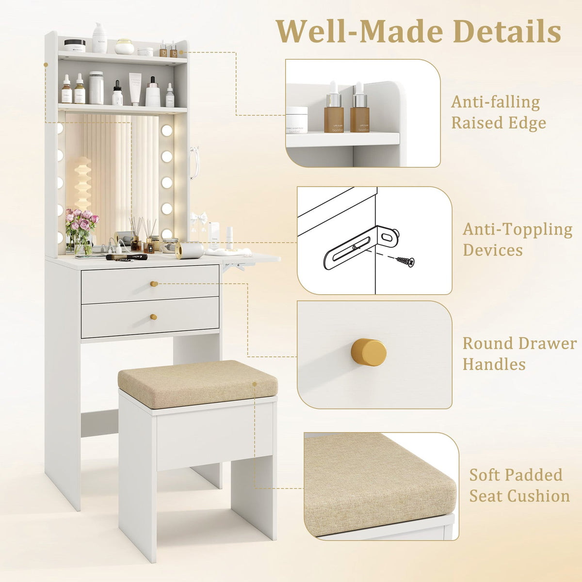 Compact Vanity Desk Set with 3-Color Lighted Mirror and Power Outlets-White-Makeup Vanities-DECOROLALA