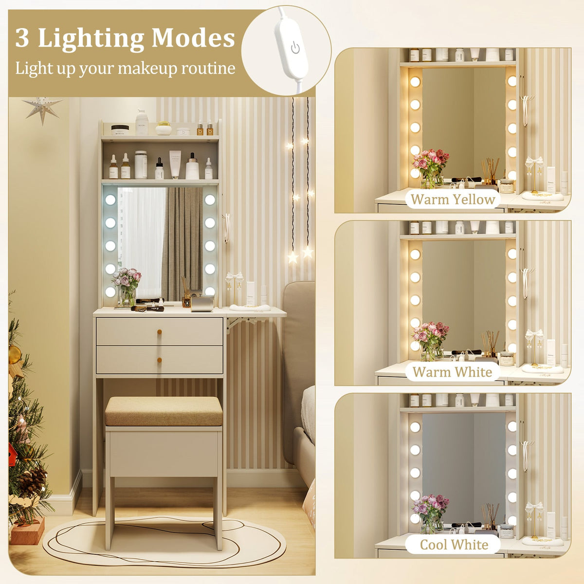 Compact Vanity Desk Set with 3-Color Lighted Mirror and Power Outlets-White-Makeup Vanities-DECOROLALA