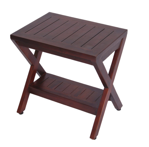 Compact X Shape Teak Shower Outdoor Bench With Shelf In Brown Finish-Shower Benches-DECOROLALA