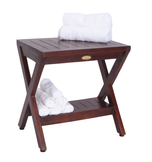 Compact X Shape Teak Shower Outdoor Bench With Shelf In Brown Finish-Shower Benches-DECOROLALA