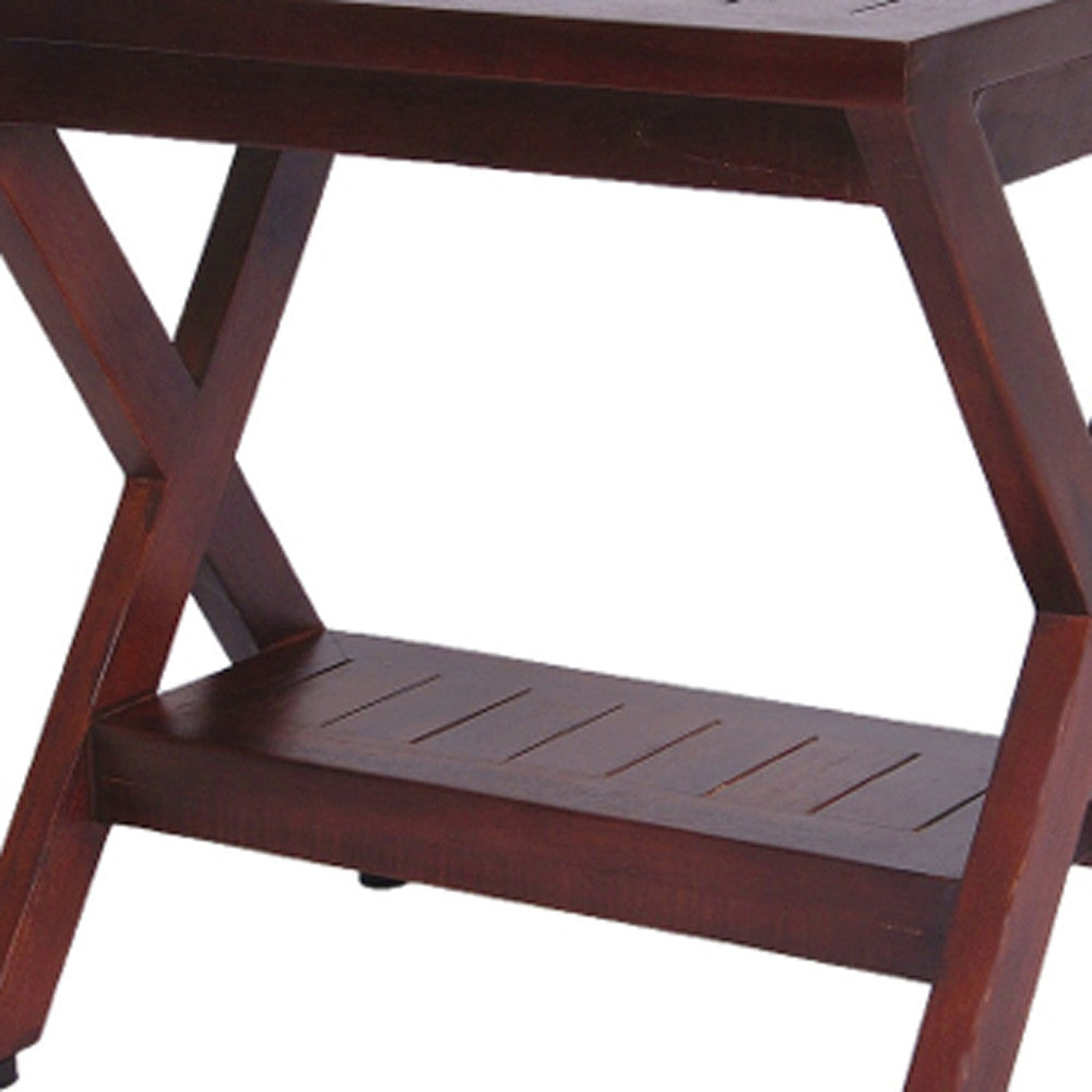 Compact X Shape Teak Shower Outdoor Bench With Shelf In Brown Finish-Shower Benches-DECOROLALA