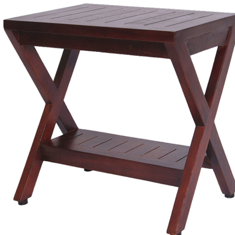 Compact X Shape Teak Shower Outdoor Bench With Shelf In Brown Finish-Shower Benches-DECOROLALA