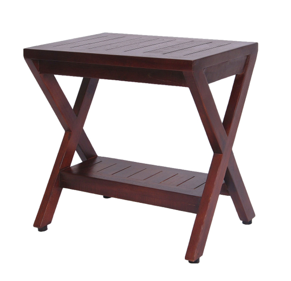 Compact X Shape Teak Shower Outdoor Bench With Shelf In Brown Finish-Shower Benches-DECOROLALA
