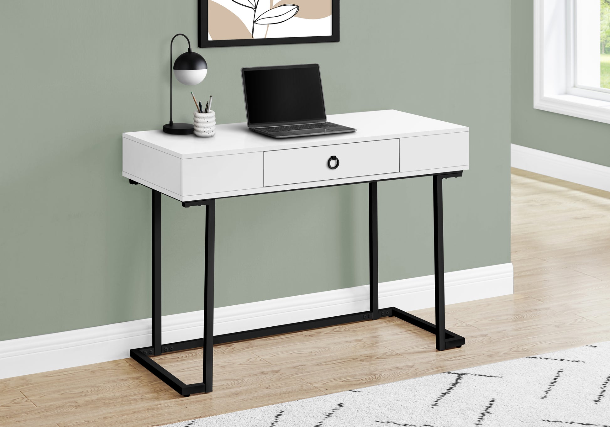Computer Desk 42"L White with Black Metal Legs-Computer Desk-DECOROLALA