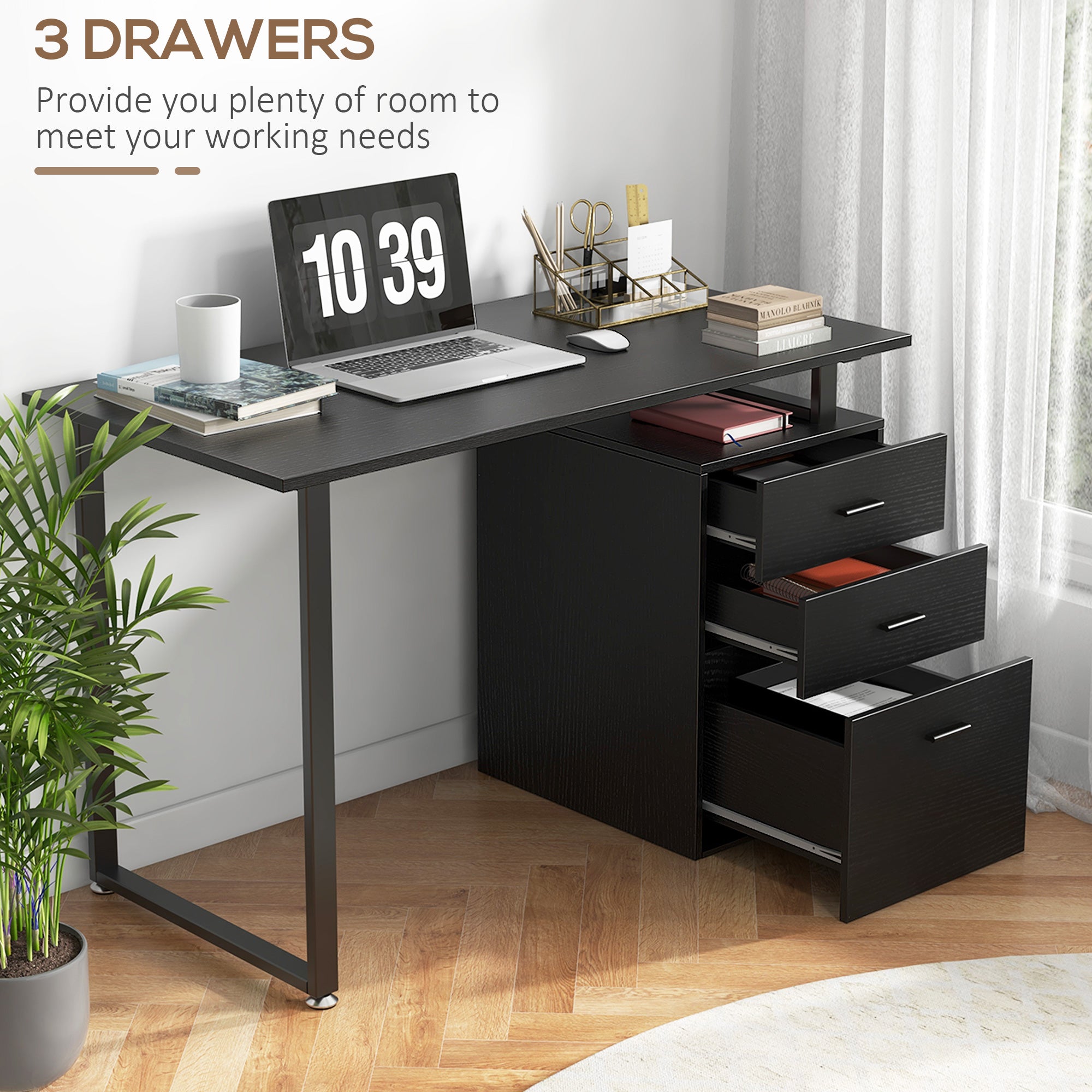 Computer Desk 47" Black with Storage Drawers-DECOROLALA