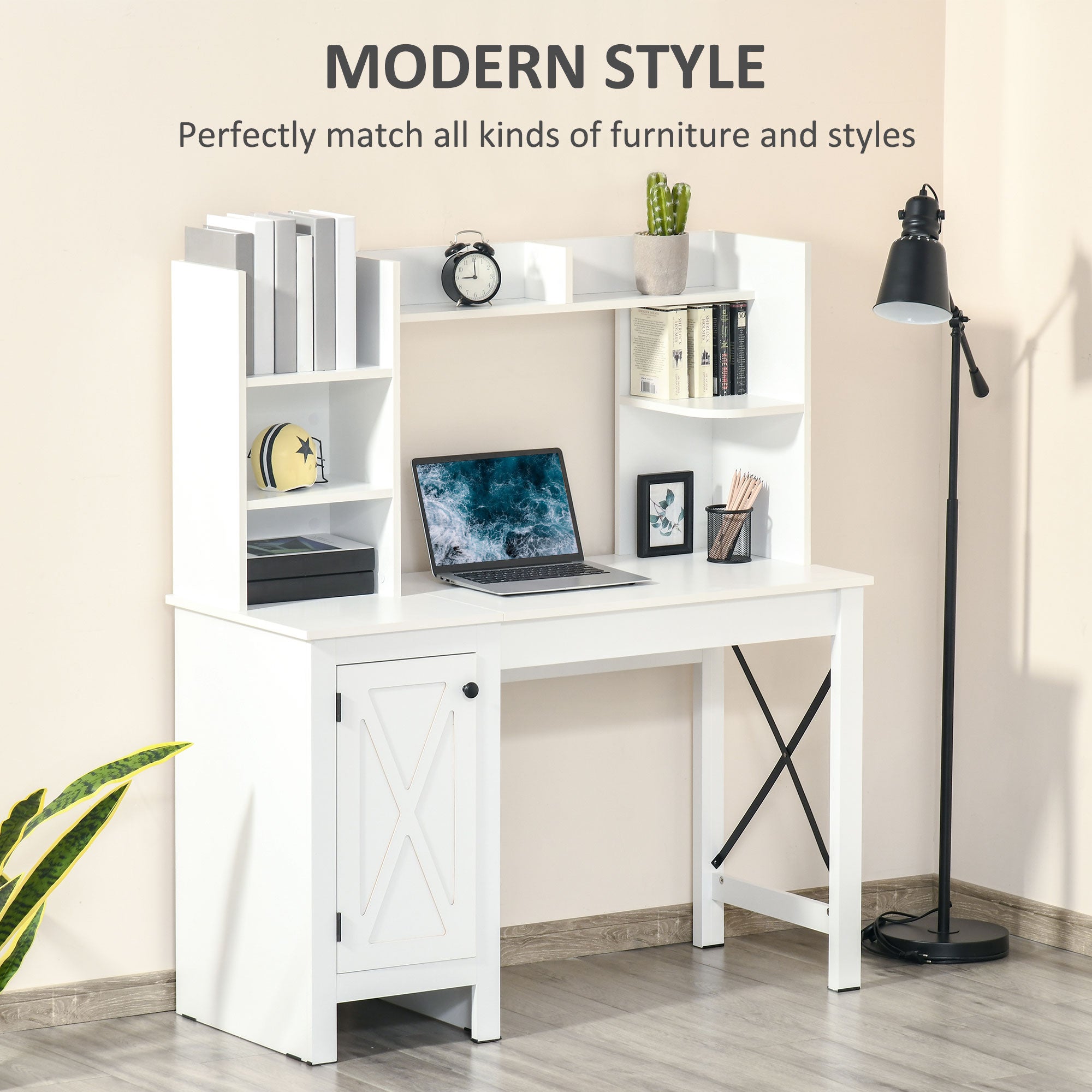 Computer Desk 47" Farmhouse White Storage Shelves-DECOROLALA