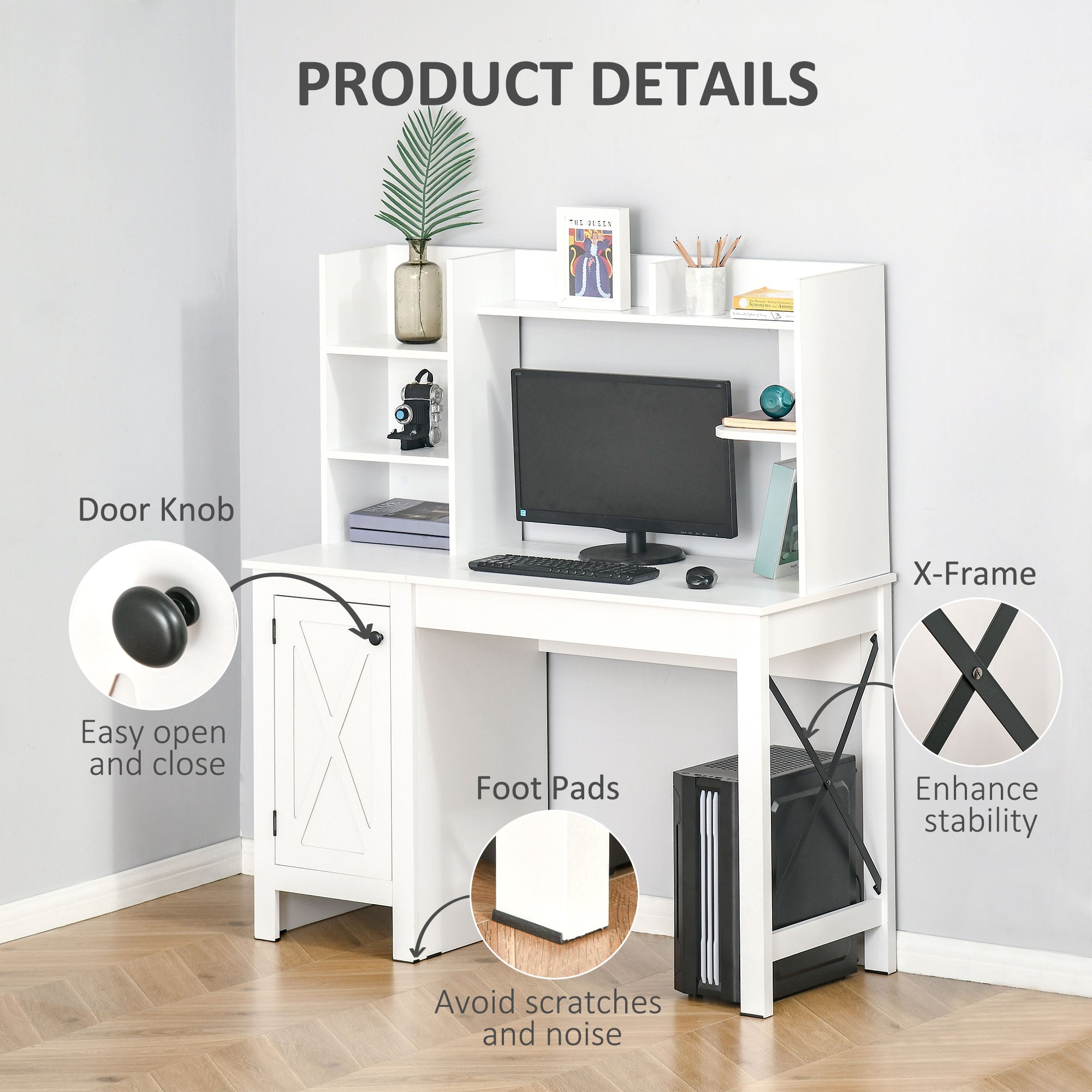 Computer Desk 47" Farmhouse White Storage Shelves-DECOROLALA