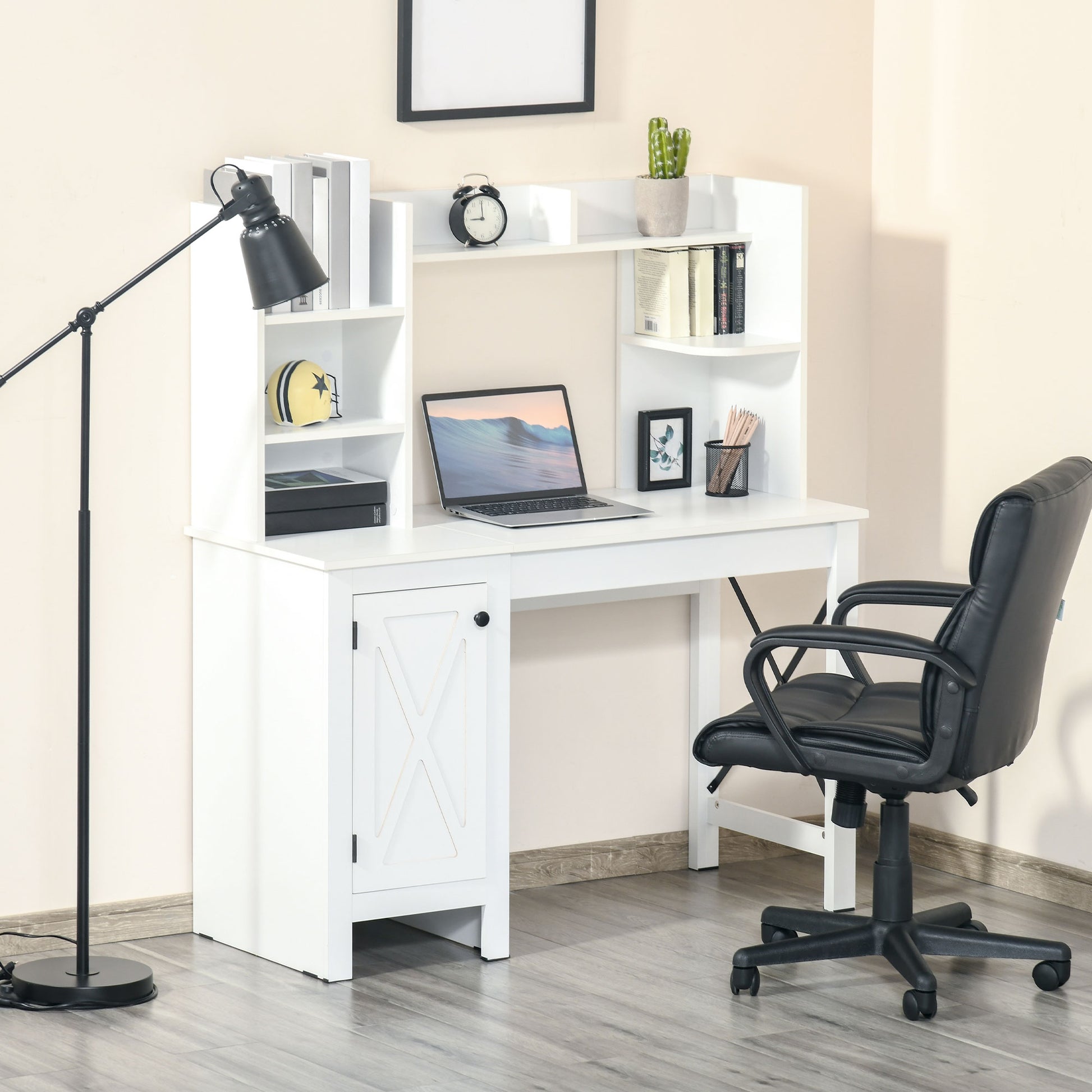 Computer Desk 47" Farmhouse White Storage Shelves-DECOROLALA