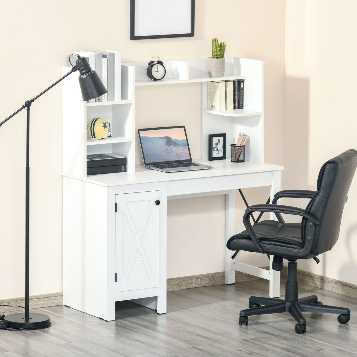 Computer Desk 47" Farmhouse White Storage Shelves-DECOROLALA