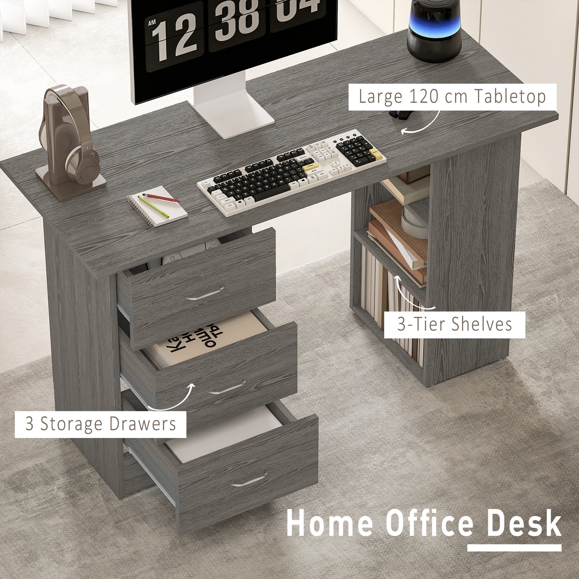 Computer Desk, 47" Writing Table with 3-Tier Shelves and 3 Reversible Drawers for Home Office, Bedroom, Grey-Office Products > Office Furniture > Office Desks & Work Stations > Computer Desks-DECOROLALA