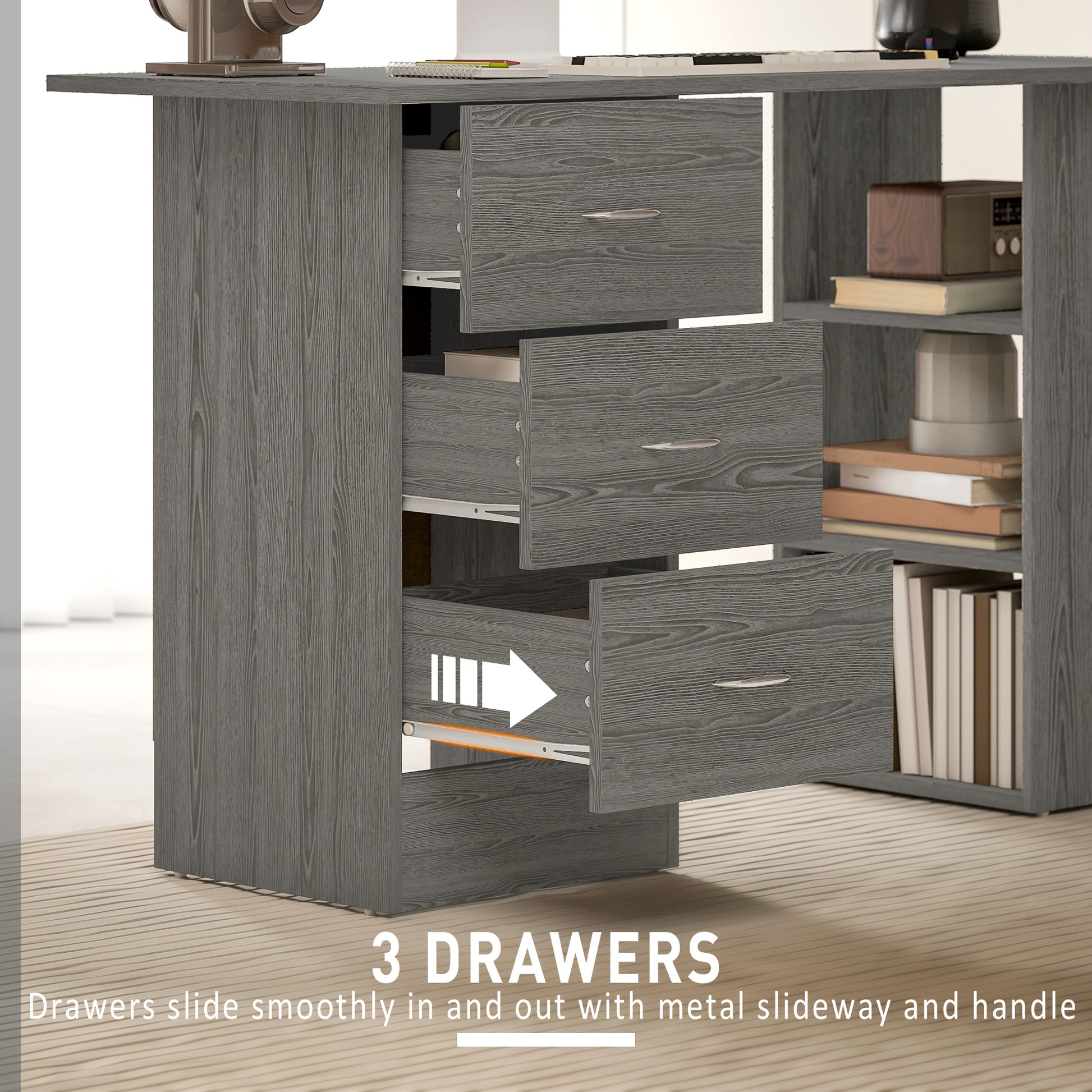 Computer Desk, 47" Writing Table with 3-Tier Shelves and 3 Reversible Drawers for Home Office, Bedroom, Grey-Office Products > Office Furniture > Office Desks & Work Stations > Computer Desks-DECOROLALA