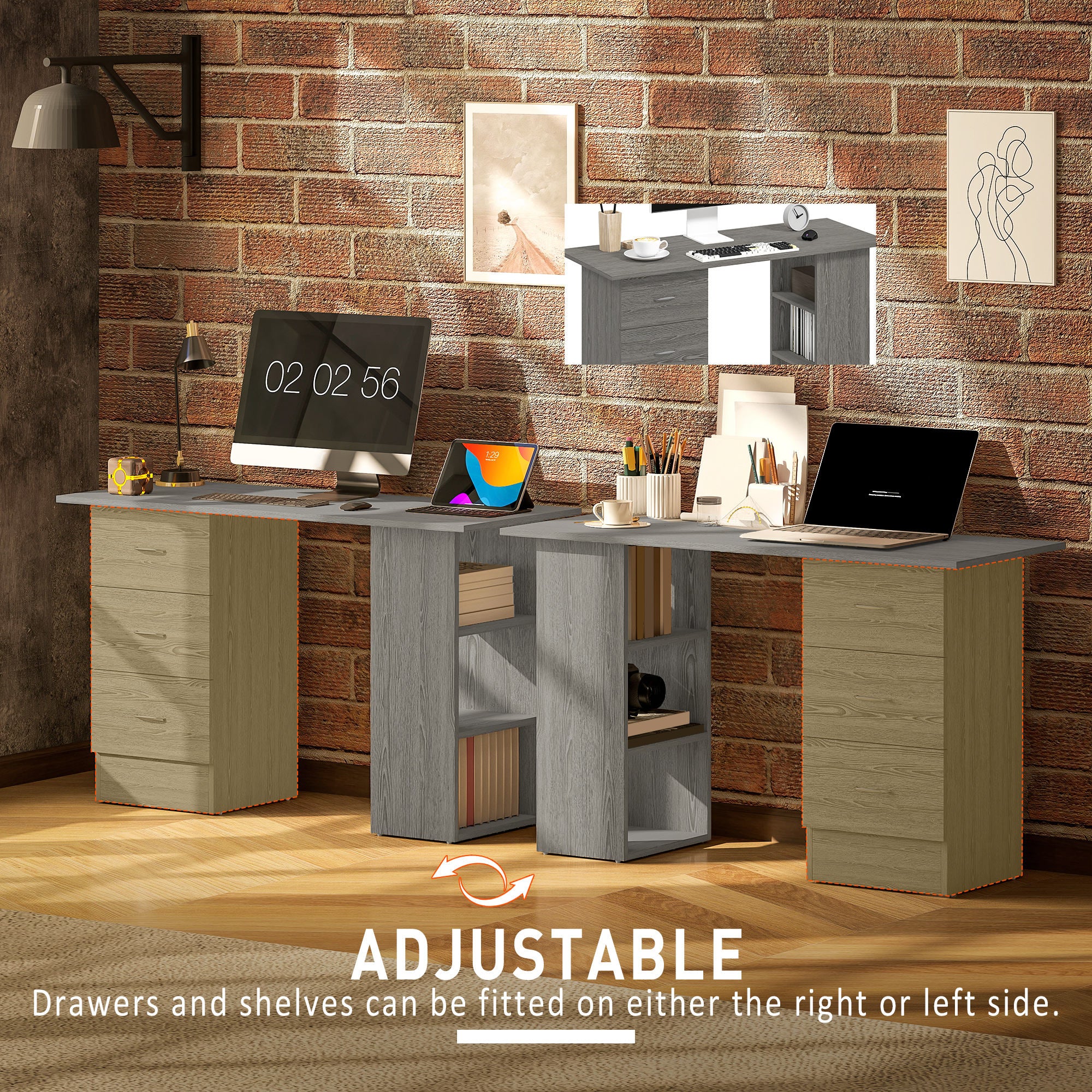 Computer Desk, 47" Writing Table with 3-Tier Shelves and 3 Reversible Drawers for Home Office, Bedroom, Grey-Office Products > Office Furniture > Office Desks & Work Stations > Computer Desks-DECOROLALA