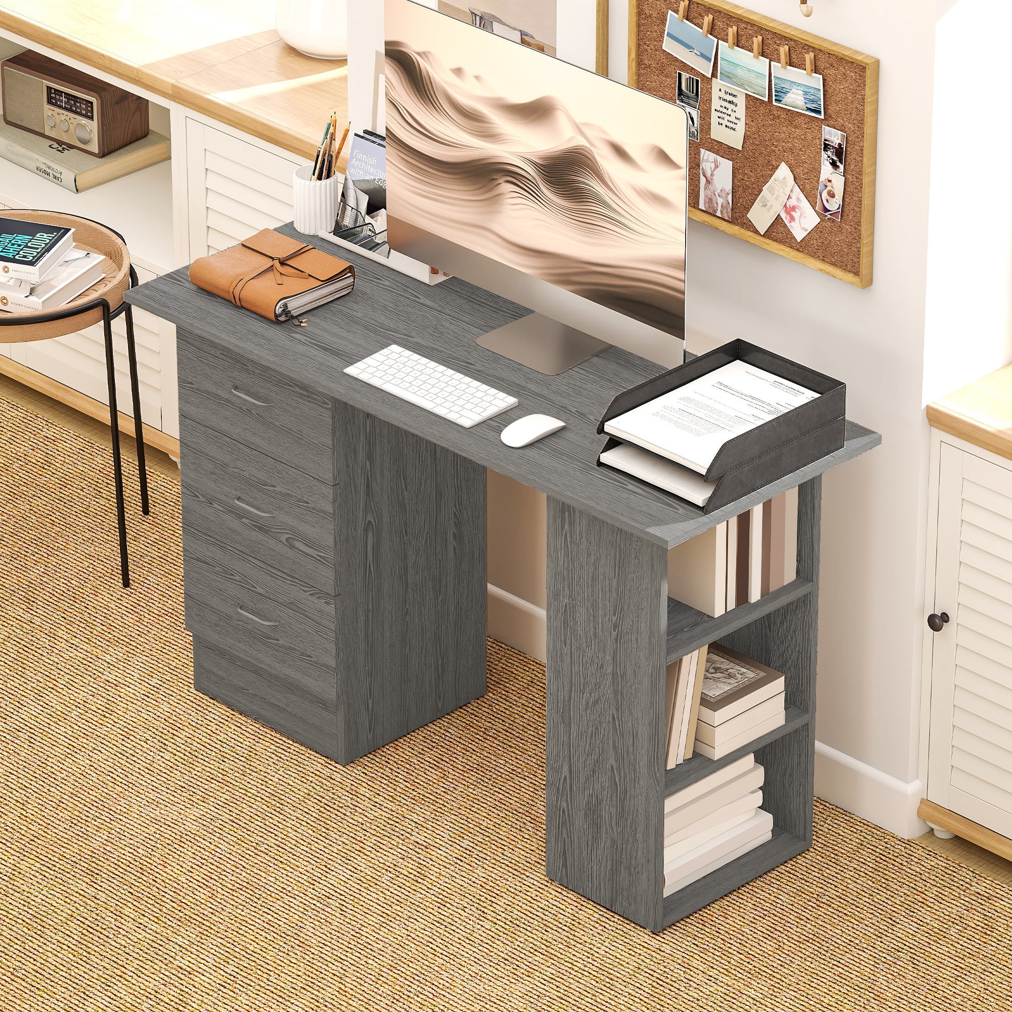 Computer Desk, 47" Writing Table with 3-Tier Shelves and 3 Reversible Drawers for Home Office, Bedroom, Grey-Office Products > Office Furniture > Office Desks & Work Stations > Computer Desks-DECOROLALA