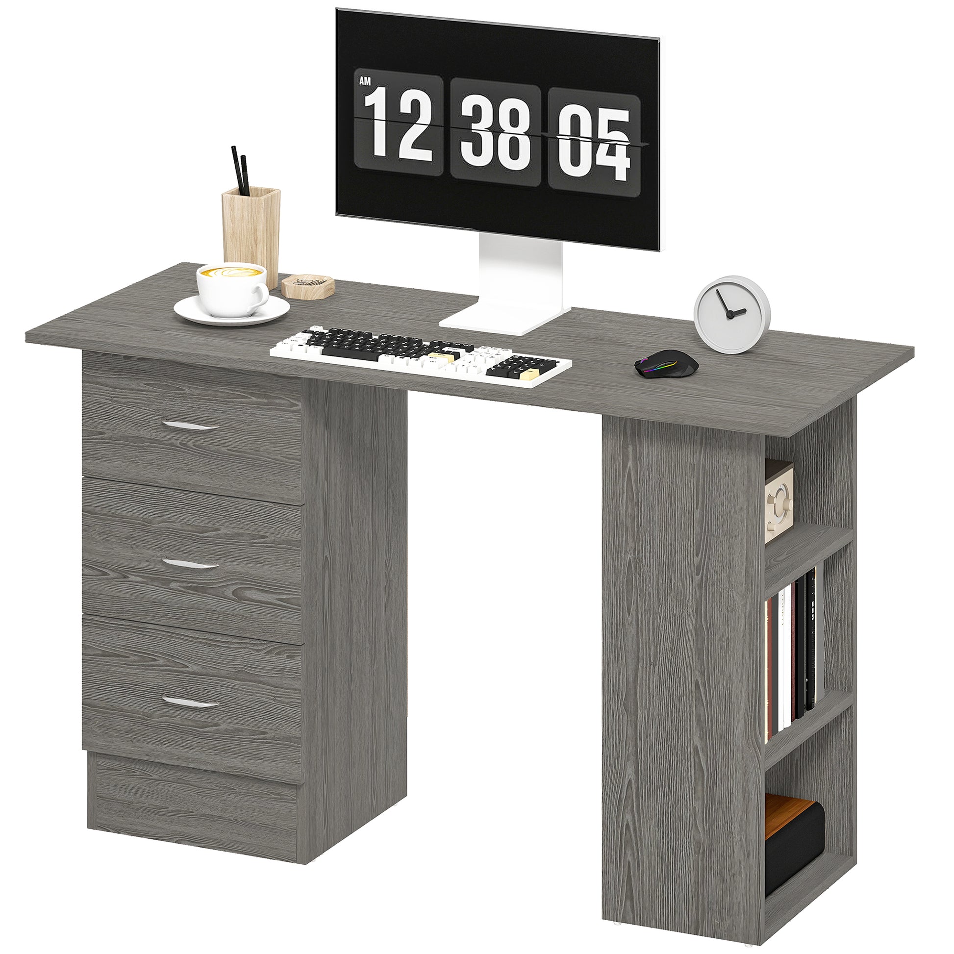 Computer Desk, 47" Writing Table with 3-Tier Shelves and 3 Reversible Drawers for Home Office, Bedroom, Grey-Office Products > Office Furniture > Office Desks & Work Stations > Computer Desks-DECOROLALA