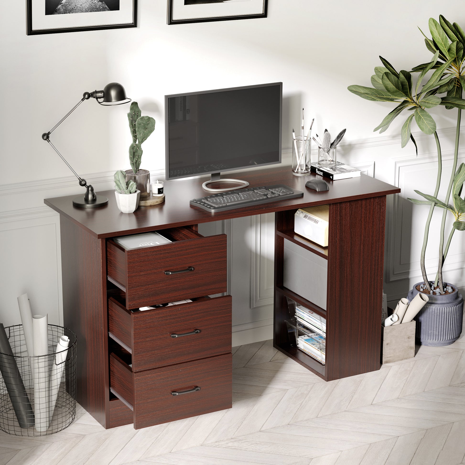 Computer Desk, 47" Writing Table with 3-Tier Shelves and 3 Reversible Drawers for Home Office, Bedroom, Walnut-Office Products > Office Furniture > Office Desks & Work Stations > Writing Desks-DECOROLALA