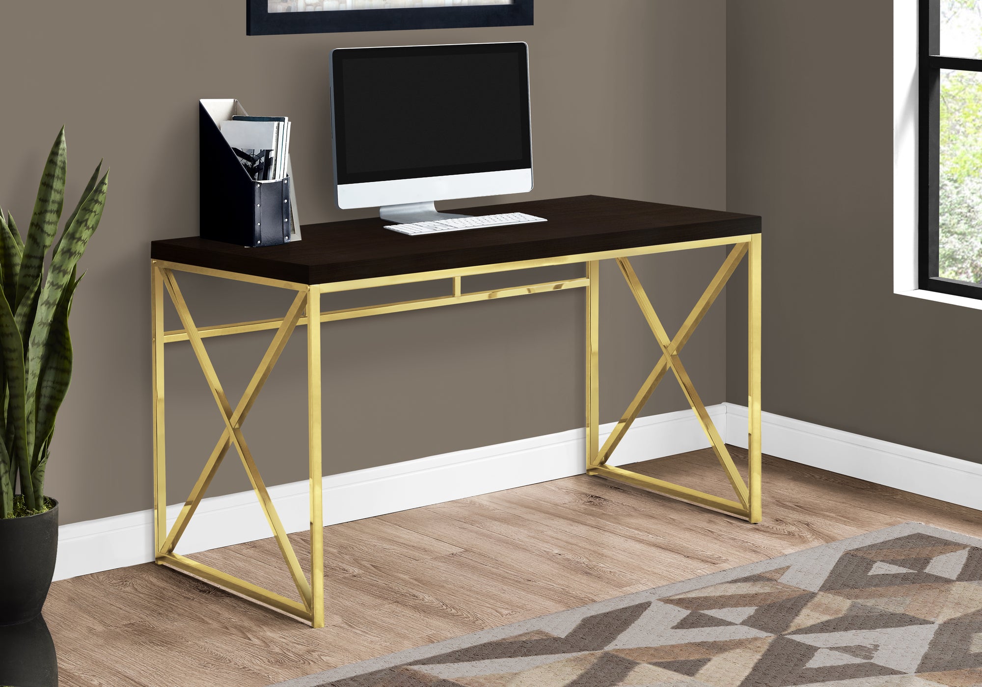 Computer Desk 48" Espresso with Gold Metal Base-Computer Desk-DECOROLALA