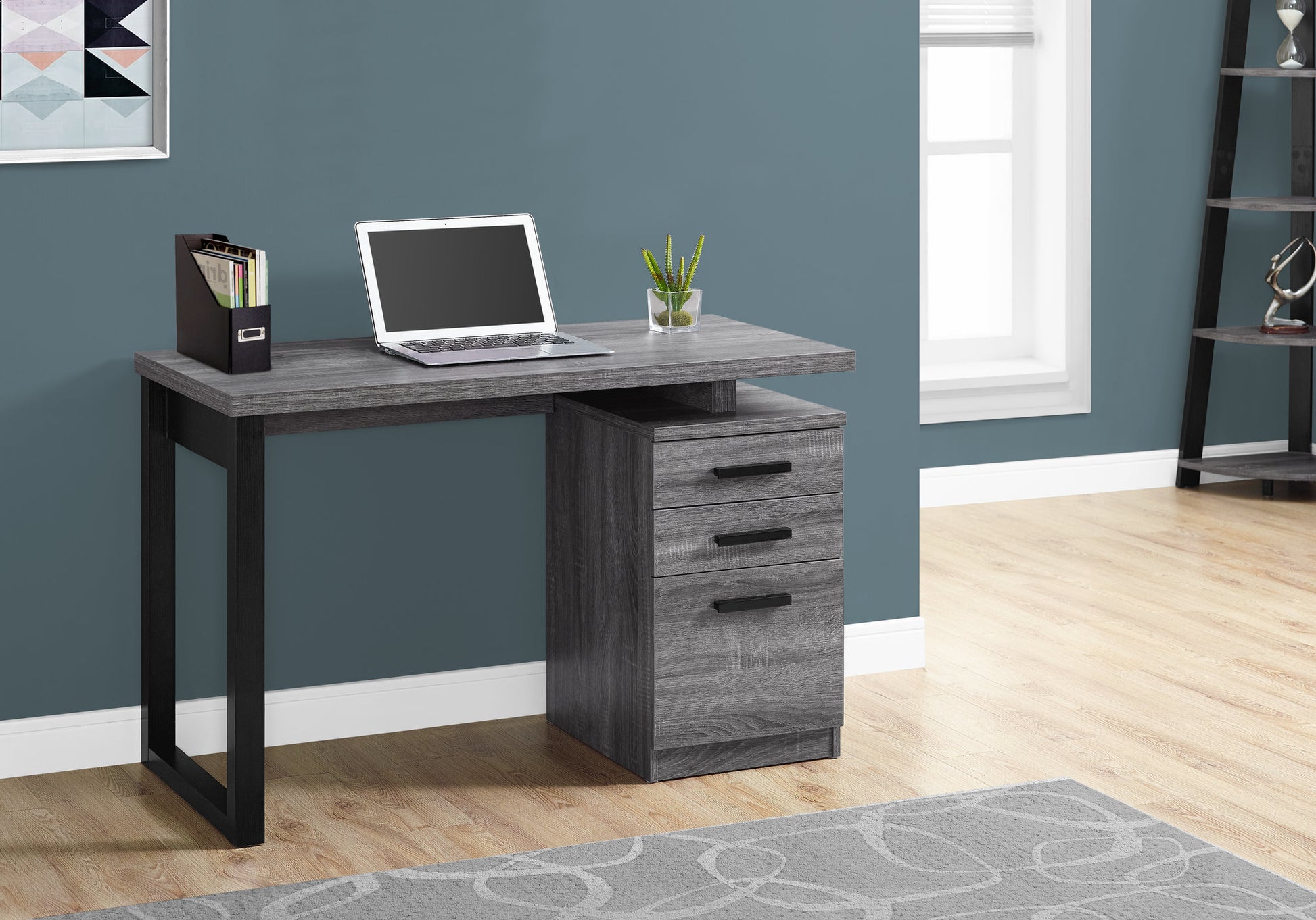 Computer Desk 48" Grey-Black L/R Facing-Bookshelf-DECOROLALA