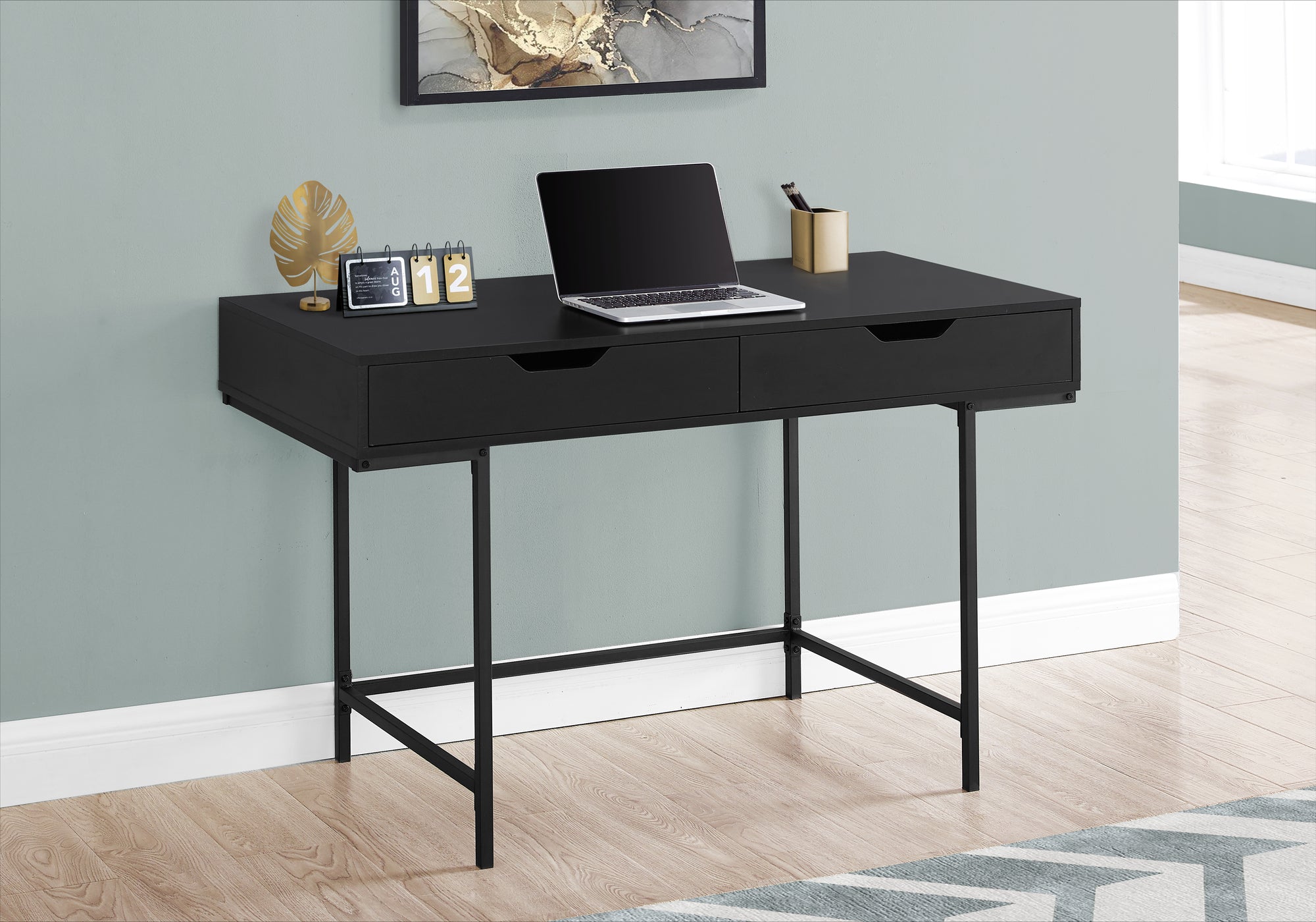 Computer Desk - 48"L / Black Marble-Look / Black Metal-Computer Desk-DECOROLALA