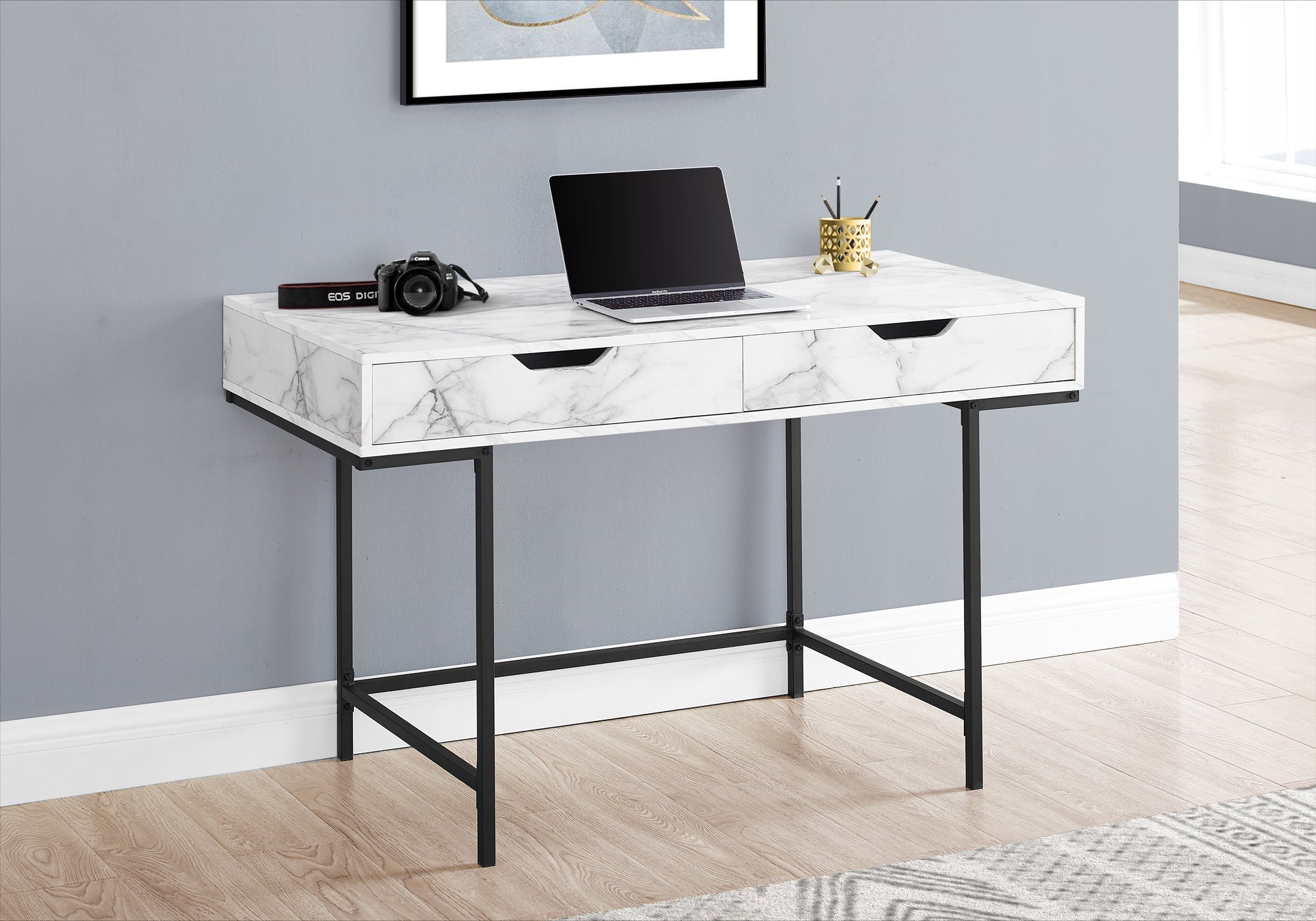 Computer Desk - 48"L / Black Marble-Look / Black Metal-Computer Desk-DECOROLALA
