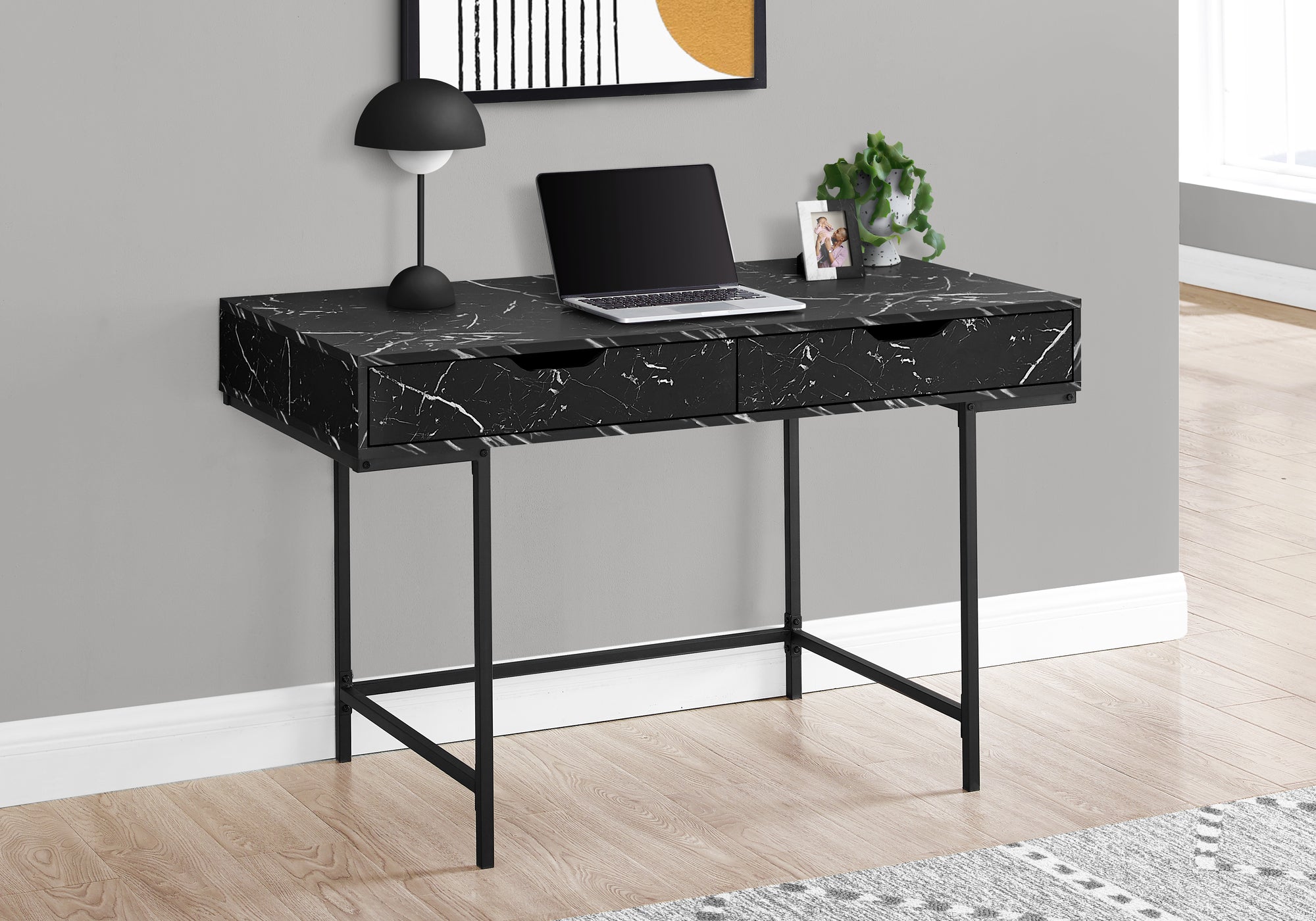 Computer Desk - 48"L / Black Marble-Look / Black Metal-Computer Desk-DECOROLALA