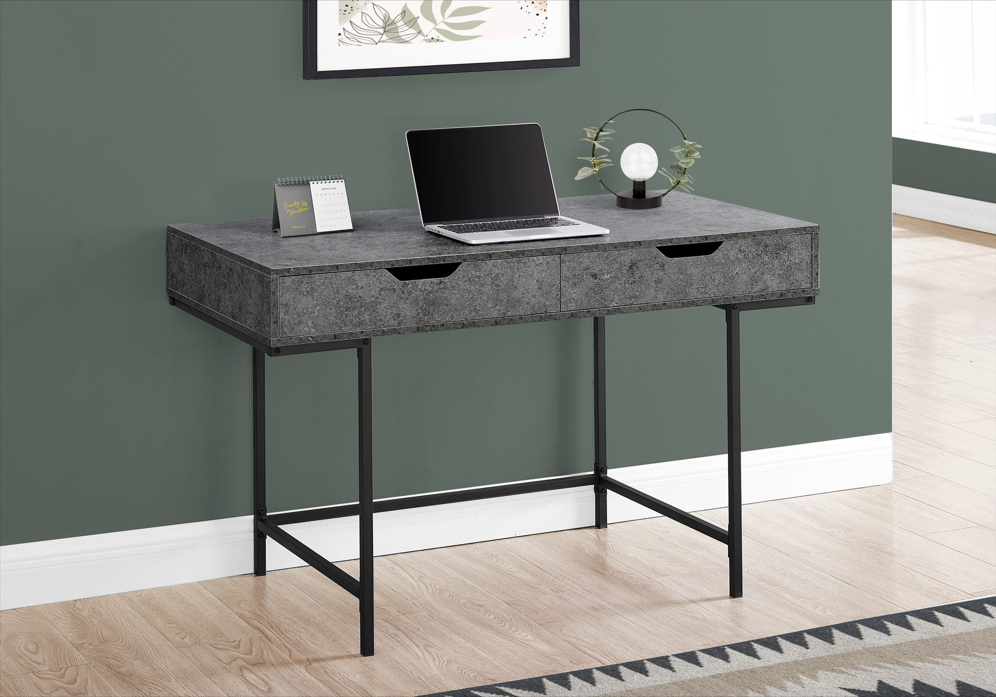 Computer Desk 48"L Black Marble with Drawers-Computer Desk-DECOROLALA