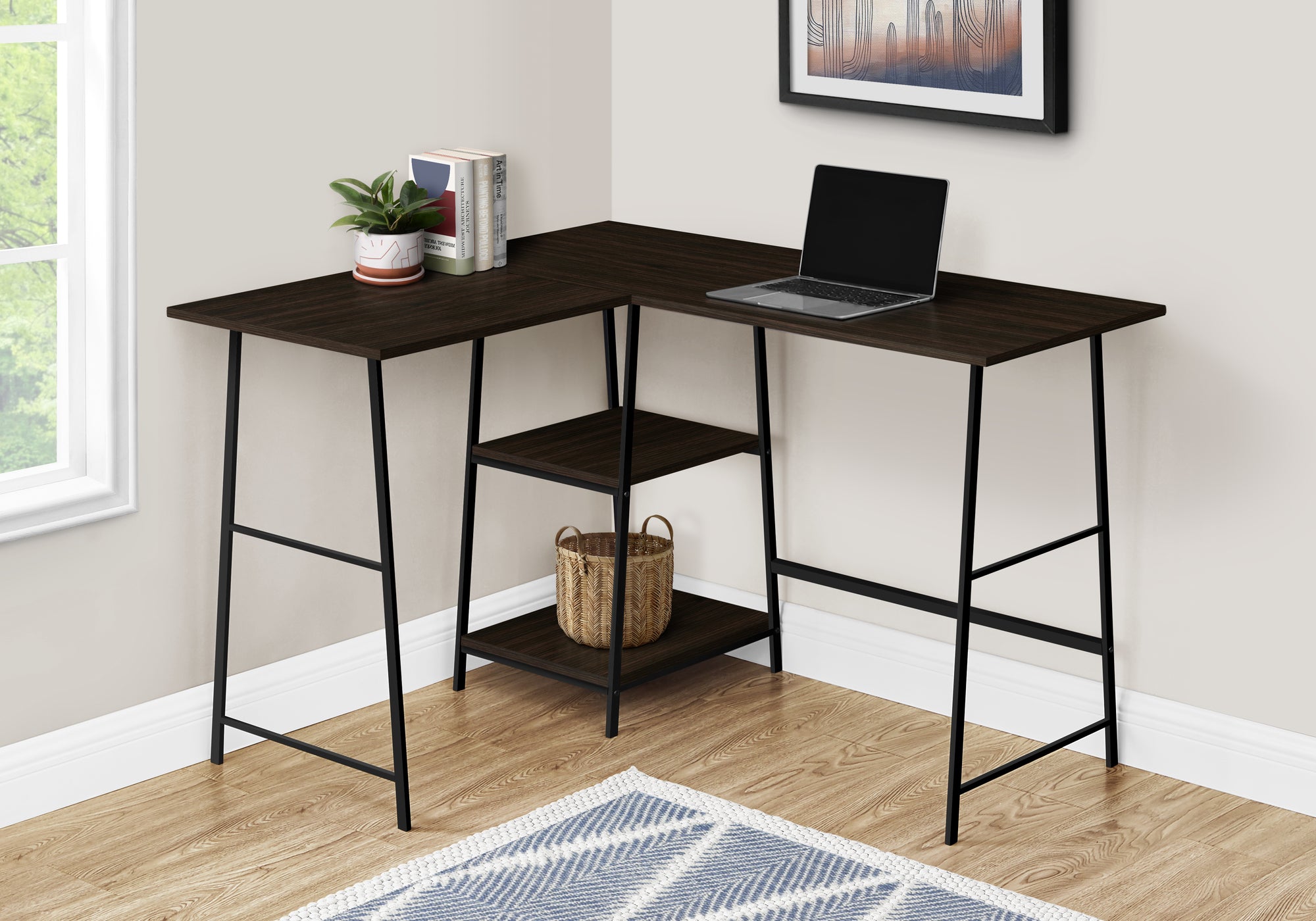 Computer Desk 48"L Espresso L-Shaped Corner with Shelves-Computer Desk-DECOROLALA