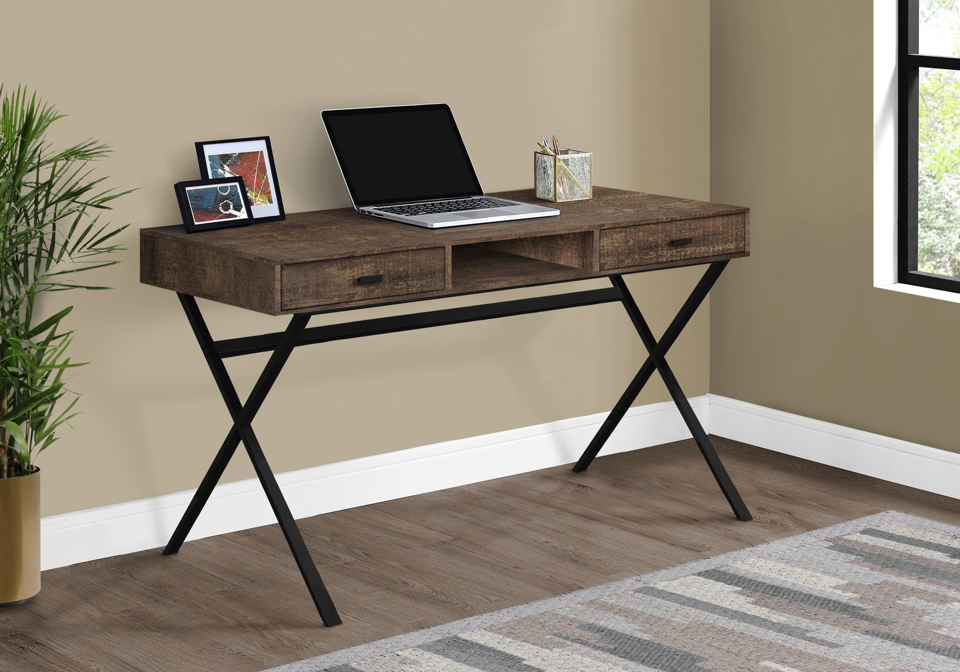 Computer Desk 48"L Espresso with Gold Metal Base-Computer Desk-DECOROLALA