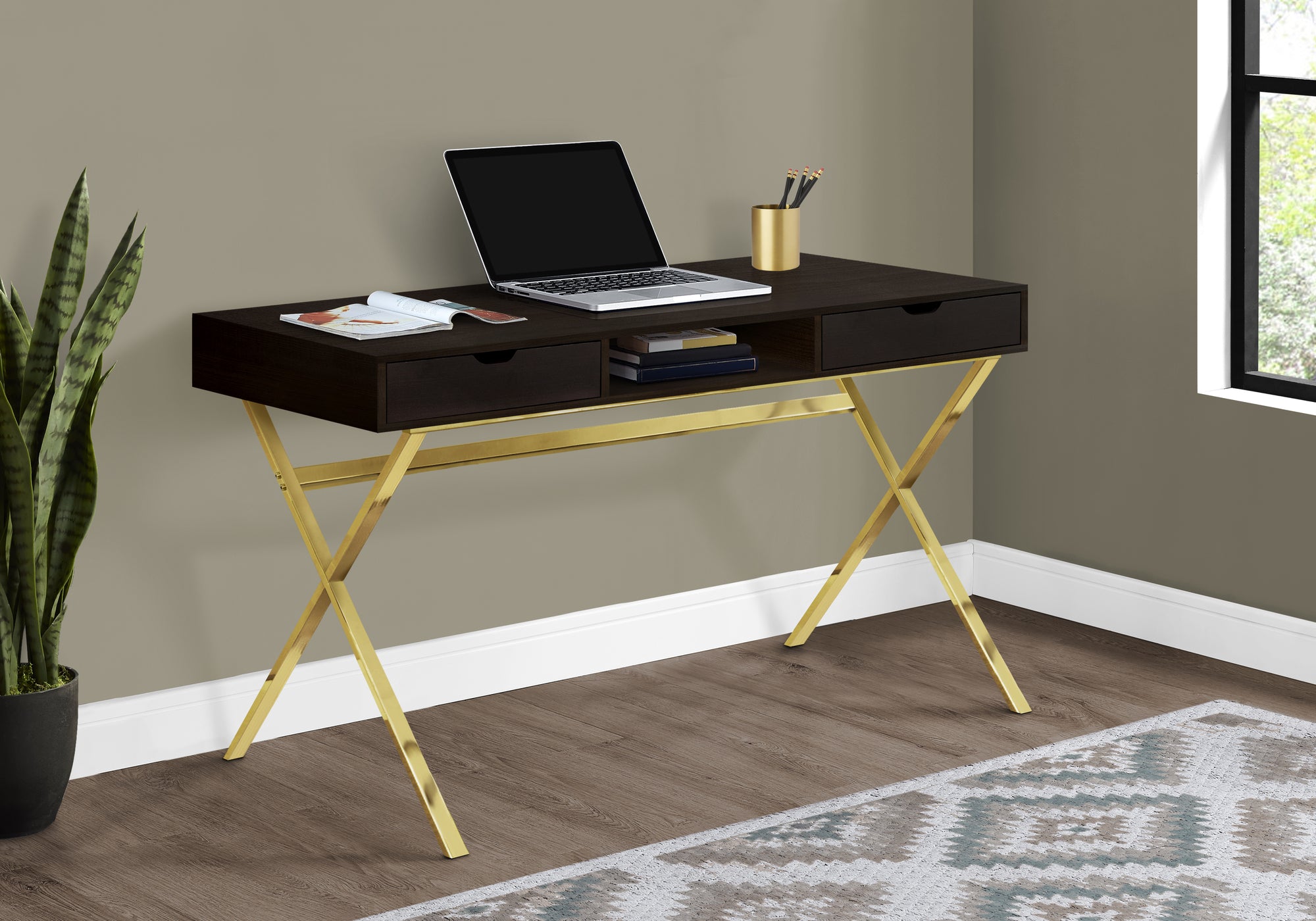 Computer Desk 48"L Espresso with Gold Metal Base-Computer Desk-DECOROLALA