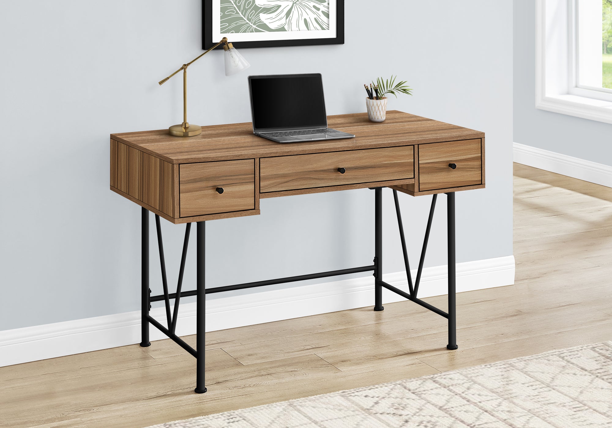 Computer Desk - 48"L / Walnut / Black Metal-Computer Desk-DECOROLALA