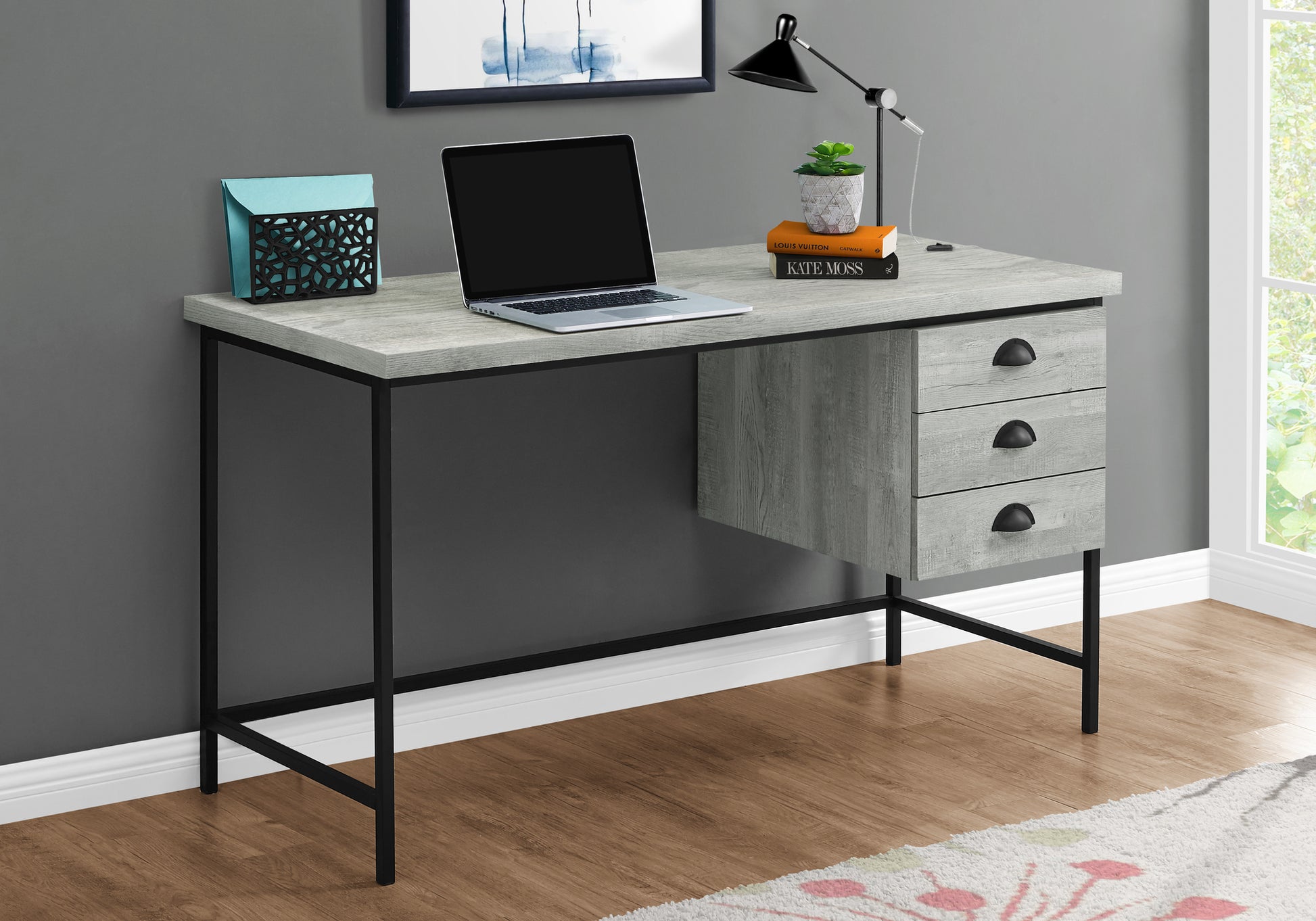 Computer Desk 55" Brown Reclaimed Wood 3 Drawer-Computer Desk-DECOROLALA