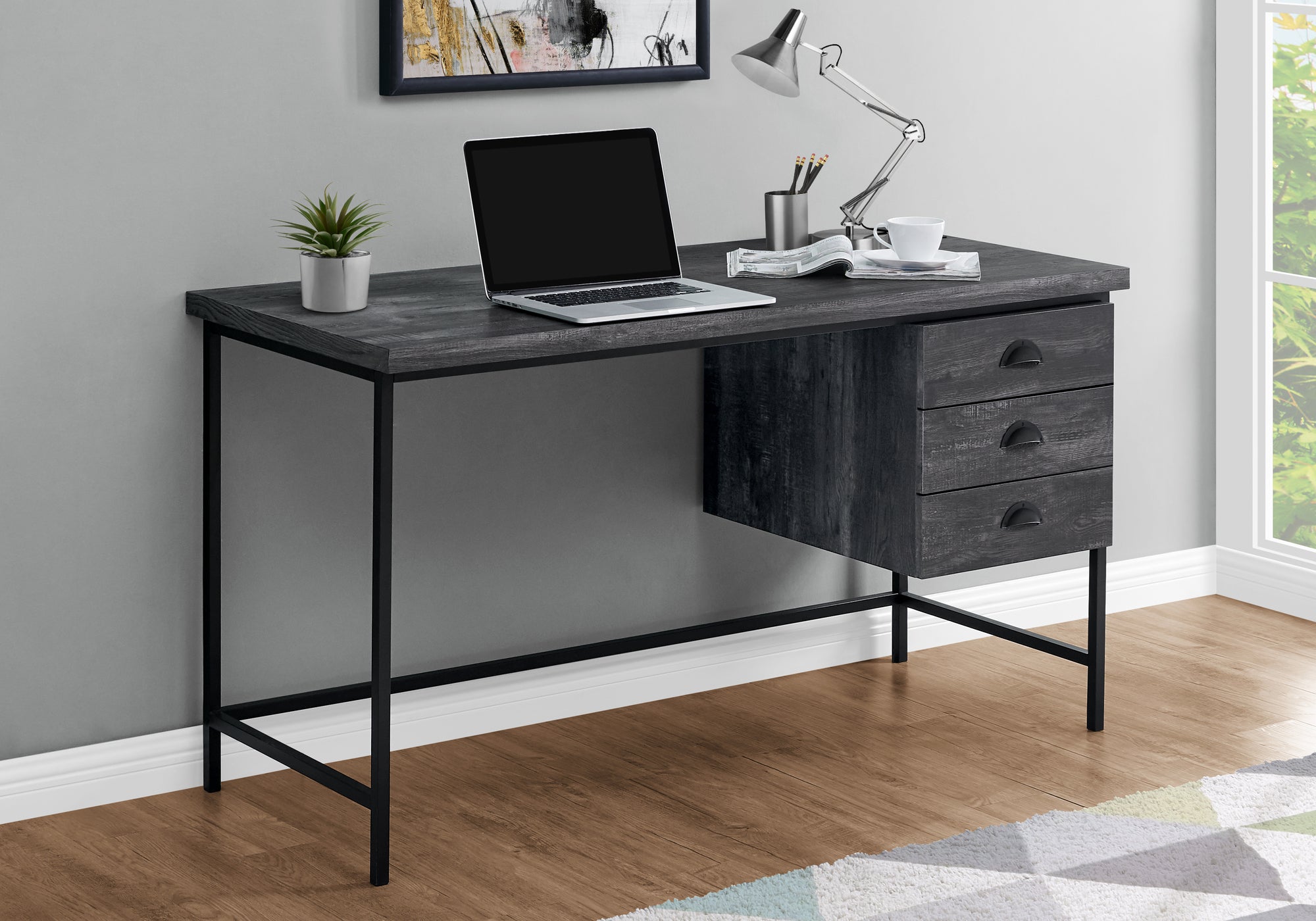 Computer Desk 55" Brown Reclaimed Wood 3 Drawer-Computer Desk-DECOROLALA