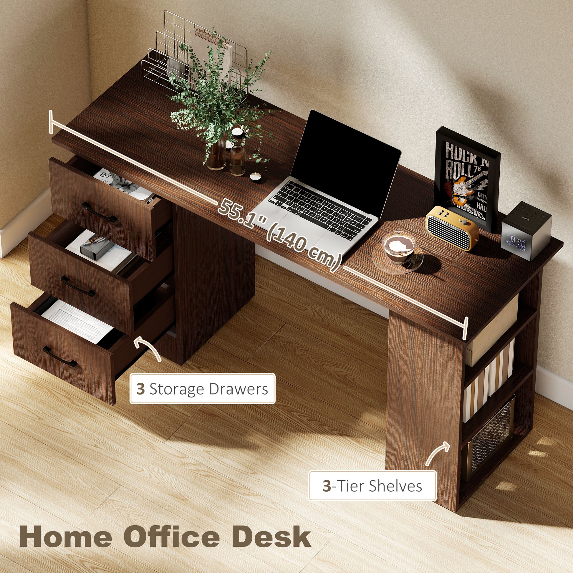 Computer Desk, 55" Writing Table with 3-Tier Shelves and 3 Reversible Drawers for Home Office, Bedroom, Walnut-Office Products > Office Furniture > Office Desks & Work Stations > Computer Desks-DECOROLALA