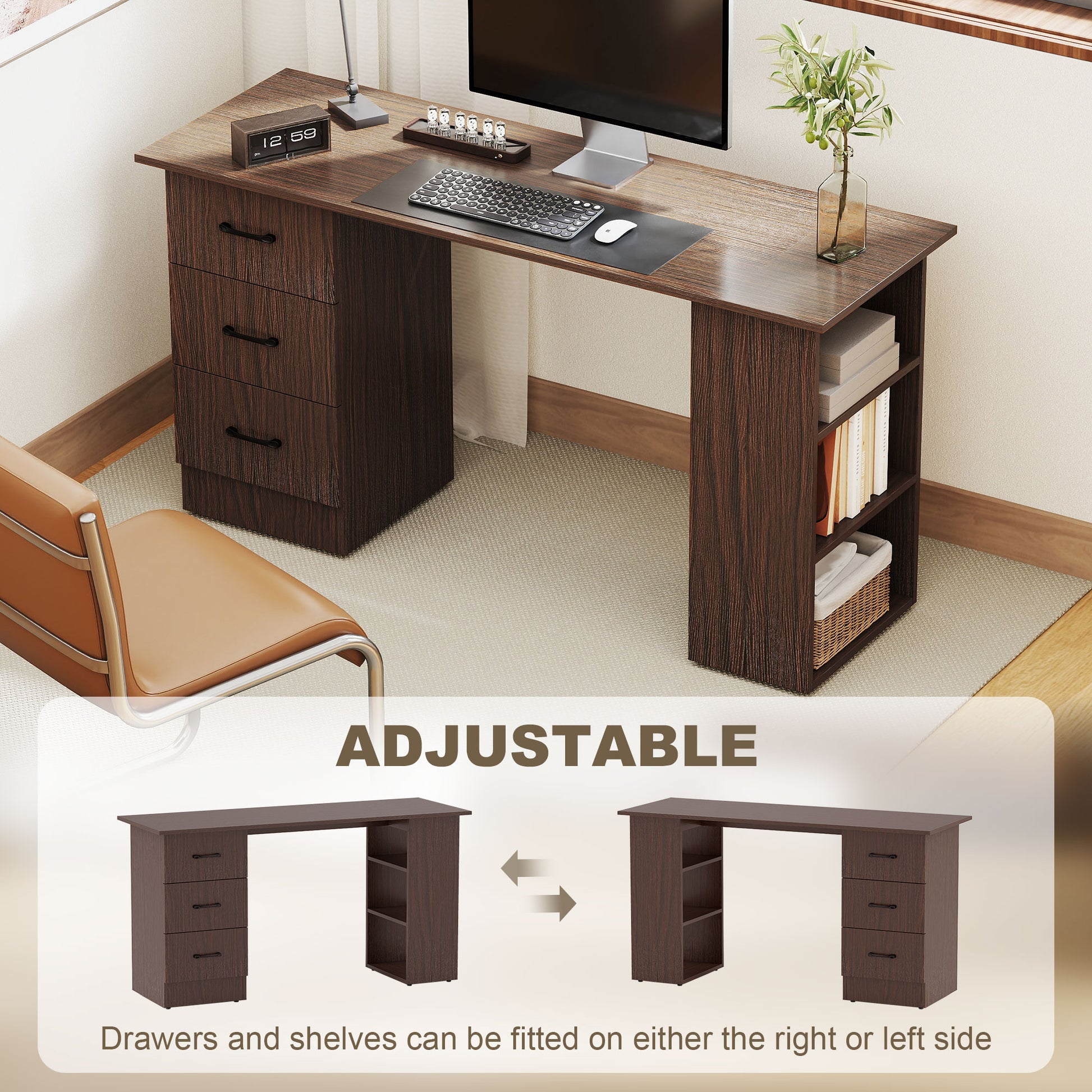 Computer Desk, 55" Writing Table with 3-Tier Shelves and 3 Reversible Drawers for Home Office, Bedroom, Walnut-Office Products > Office Furniture > Office Desks & Work Stations > Computer Desks-DECOROLALA
