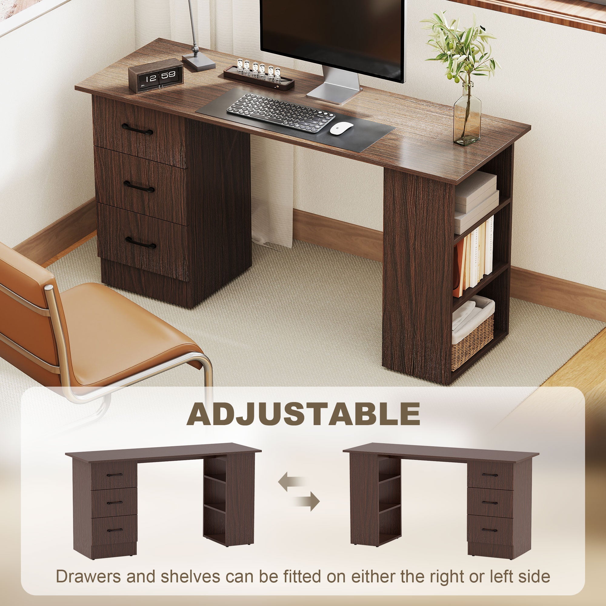 Computer Desk, 55" Writing Table with 3-Tier Shelves and 3 Reversible Drawers for Home Office, Bedroom, Walnut-Office Products > Office Furniture > Office Desks & Work Stations > Computer Desks-DECOROLALA