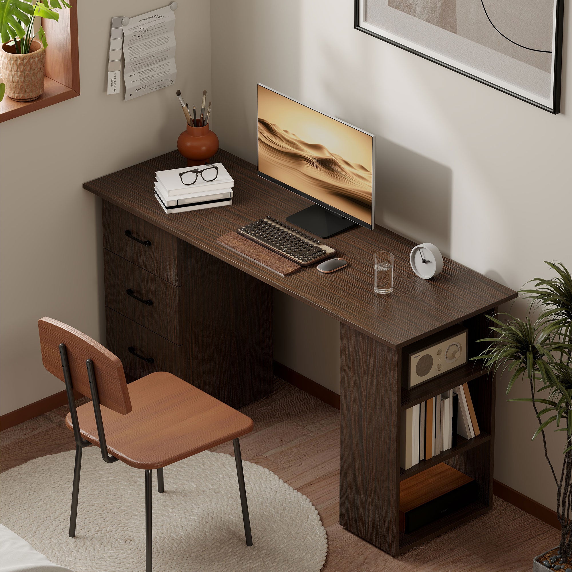 Computer Desk, 55" Writing Table with 3-Tier Shelves and 3 Reversible Drawers for Home Office, Bedroom, Walnut-Office Products > Office Furniture > Office Desks & Work Stations > Computer Desks-DECOROLALA