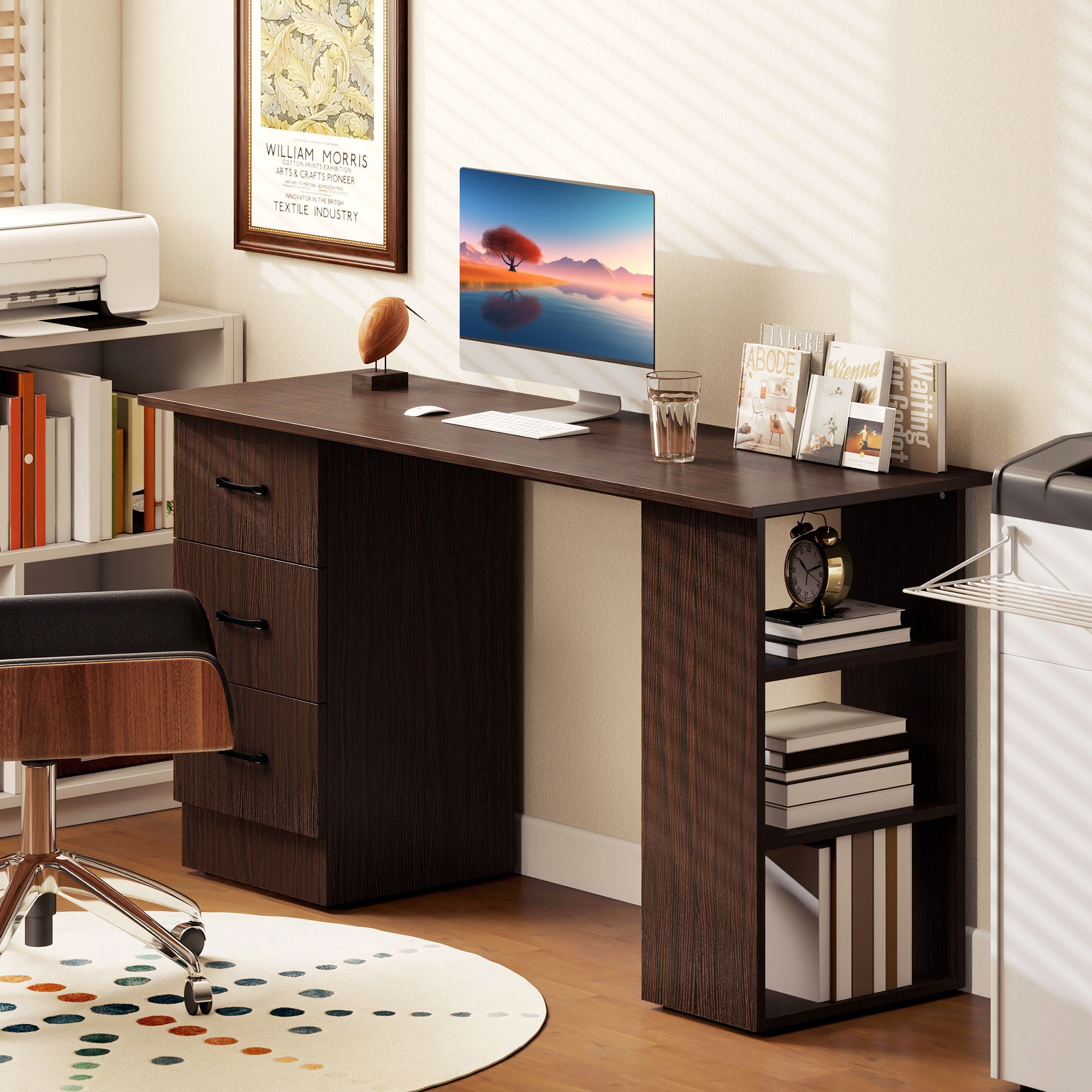 Computer Desk, 55" Writing Table with 3-Tier Shelves and 3 Reversible Drawers for Home Office, Bedroom, Walnut-Office Products > Office Furniture > Office Desks & Work Stations > Computer Desks-DECOROLALA