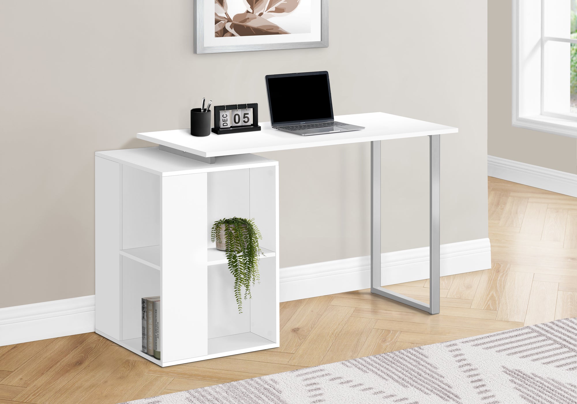 Computer Desk 55"L White with Shelving-Computer Desk-DECOROLALA