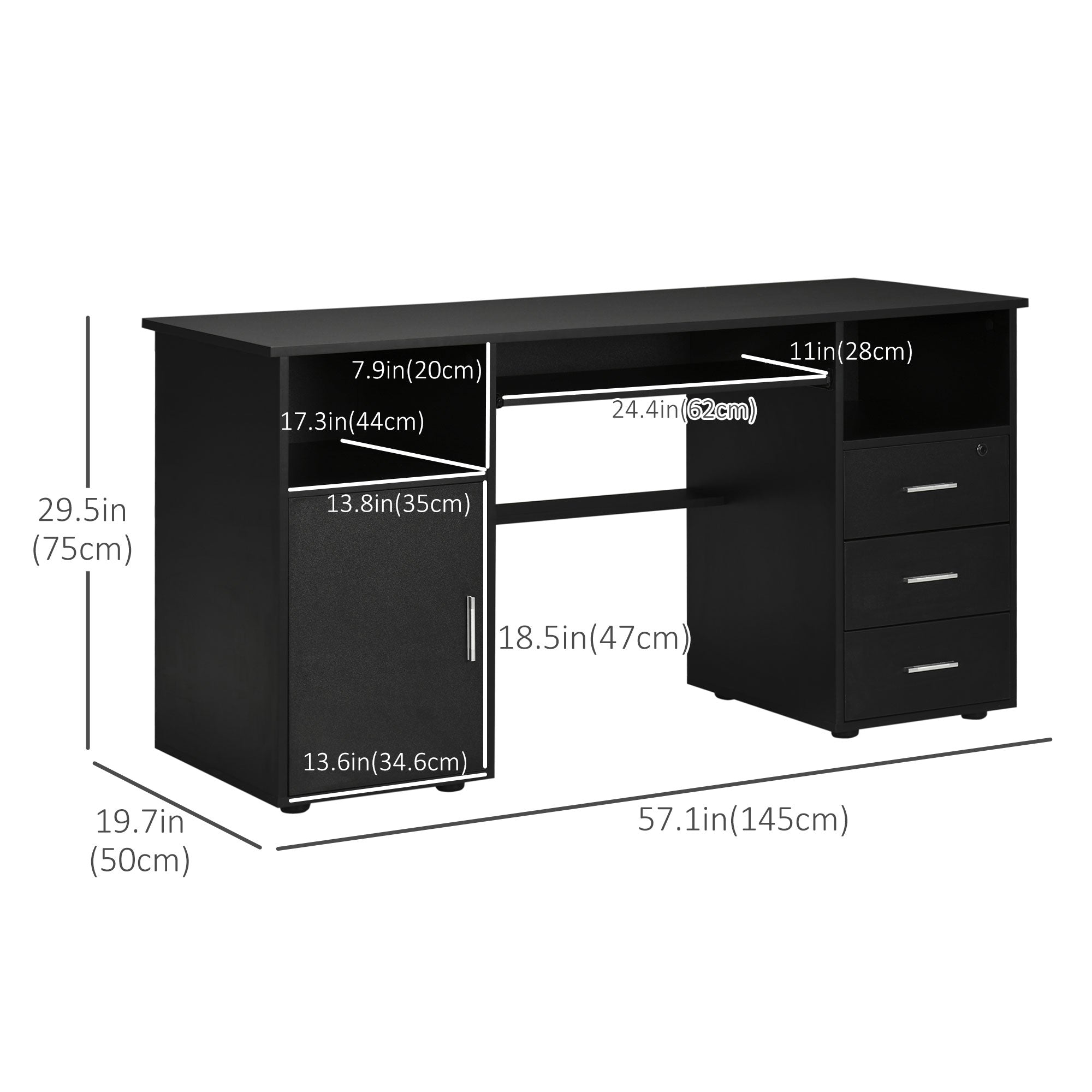 Computer Desk 57" Black - Keyboard Tray & Drawers-DECOROLALA