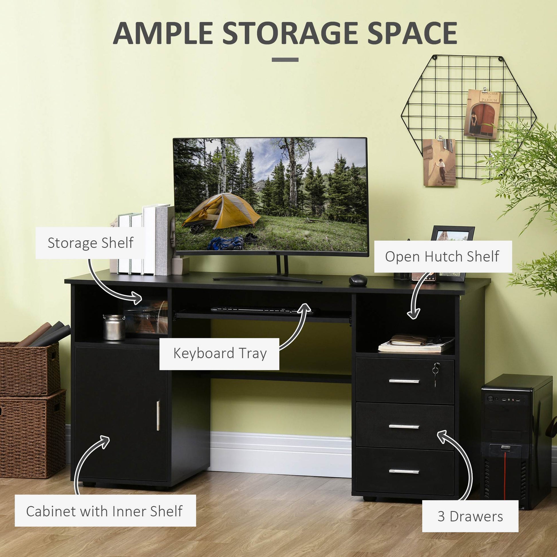 Computer Desk 57" Black - Keyboard Tray & Drawers-DECOROLALA
