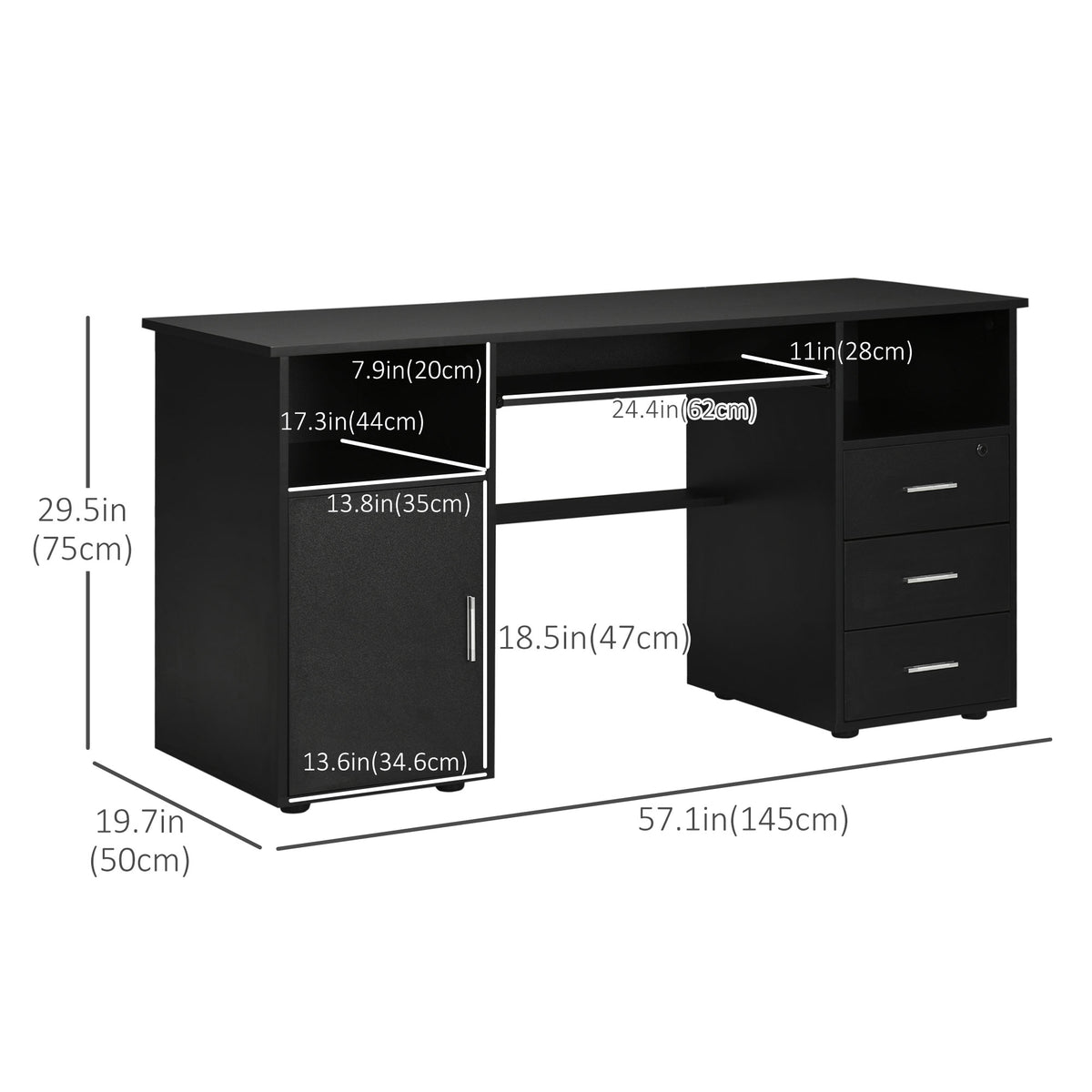 Computer Desk 57" Black - Keyboard Tray & Drawers-DECOROLALA