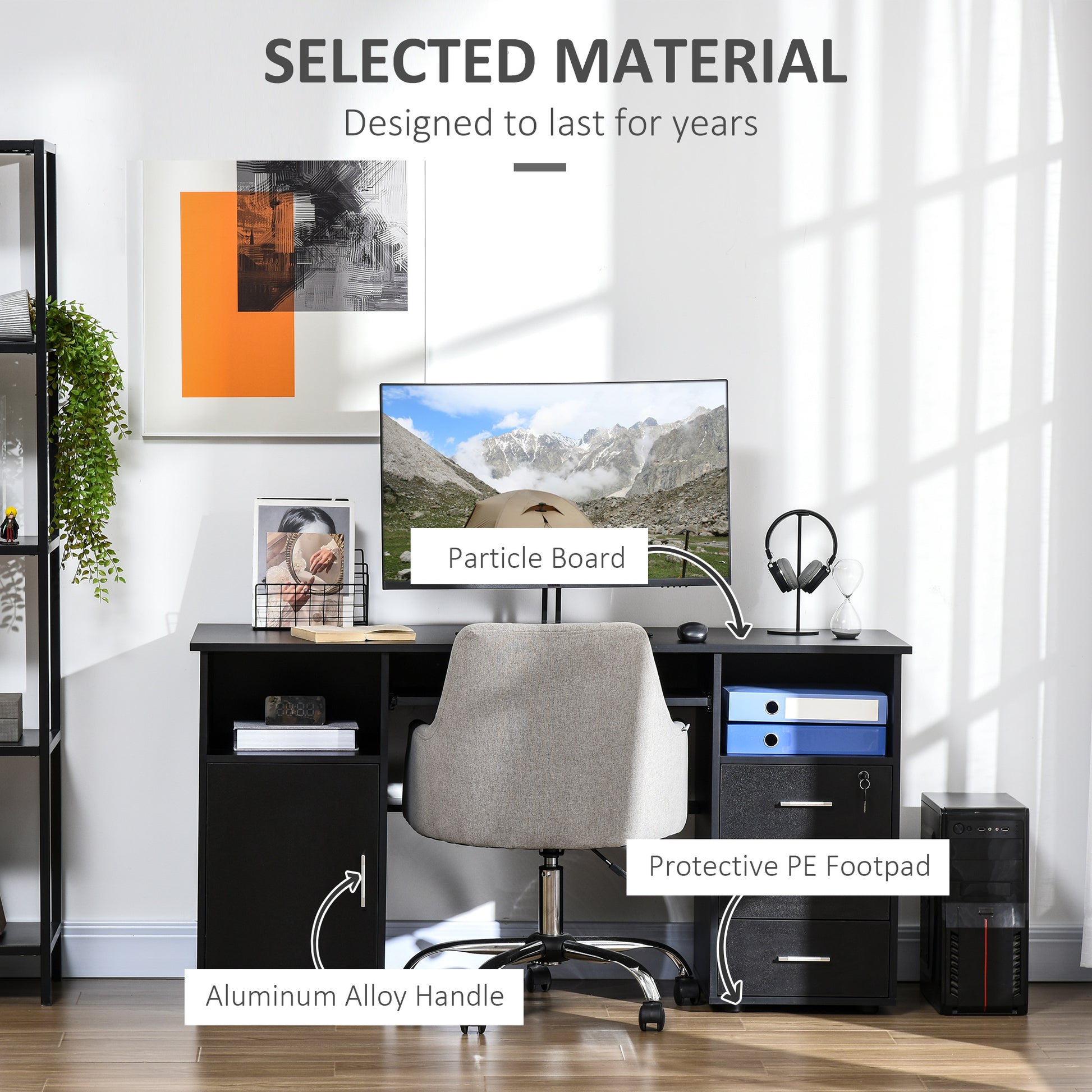 Computer Desk 57" Black - Keyboard Tray & Drawers-DECOROLALA
