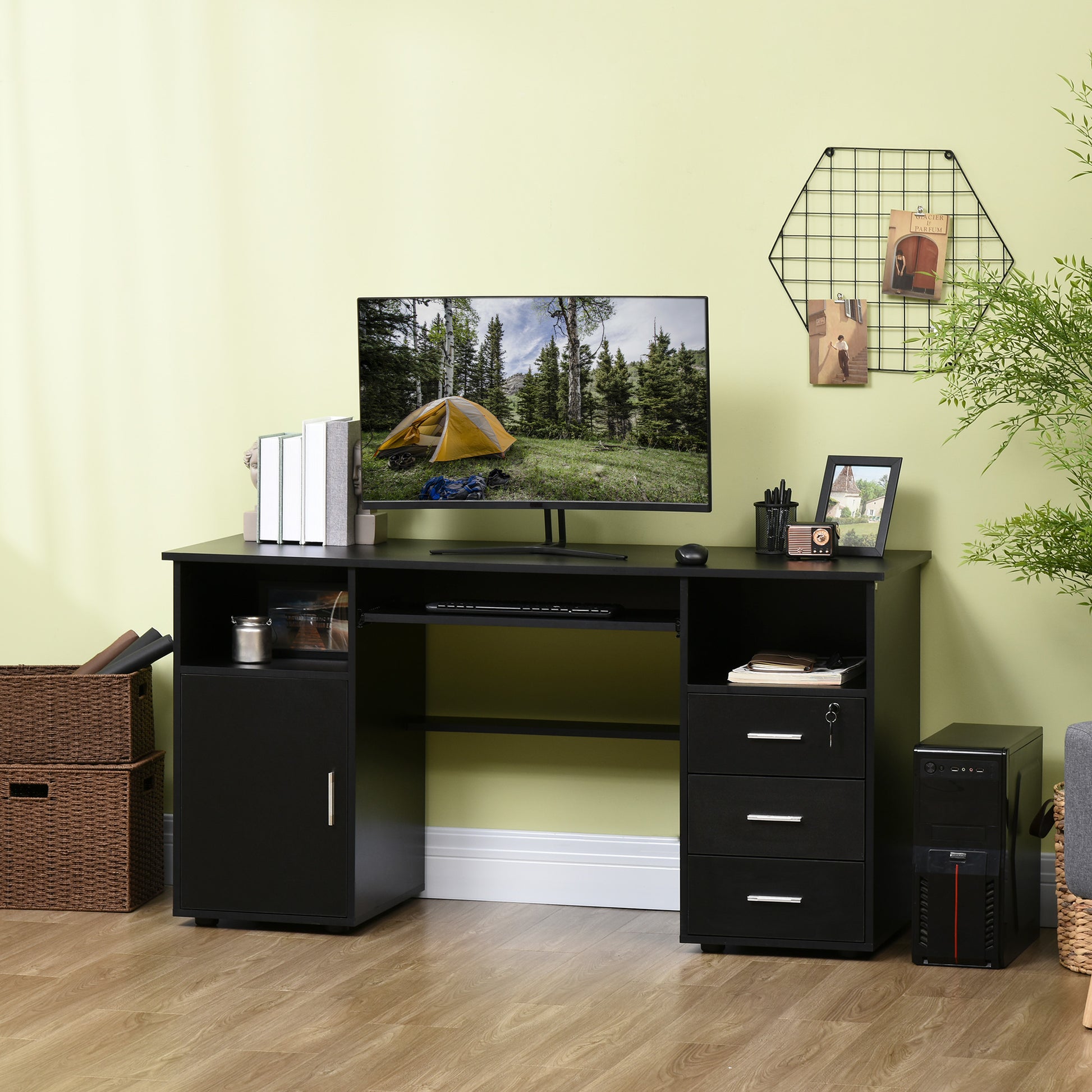 Computer Desk 57" Black - Keyboard Tray & Drawers-DECOROLALA