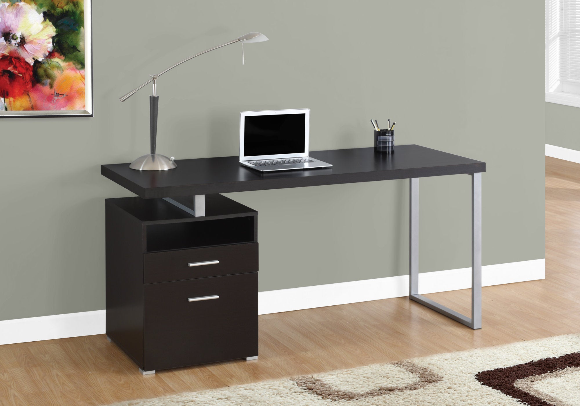 Computer Desk - 60"L / Espresso / Silver Metal-Bookshelf-DECOROLALA