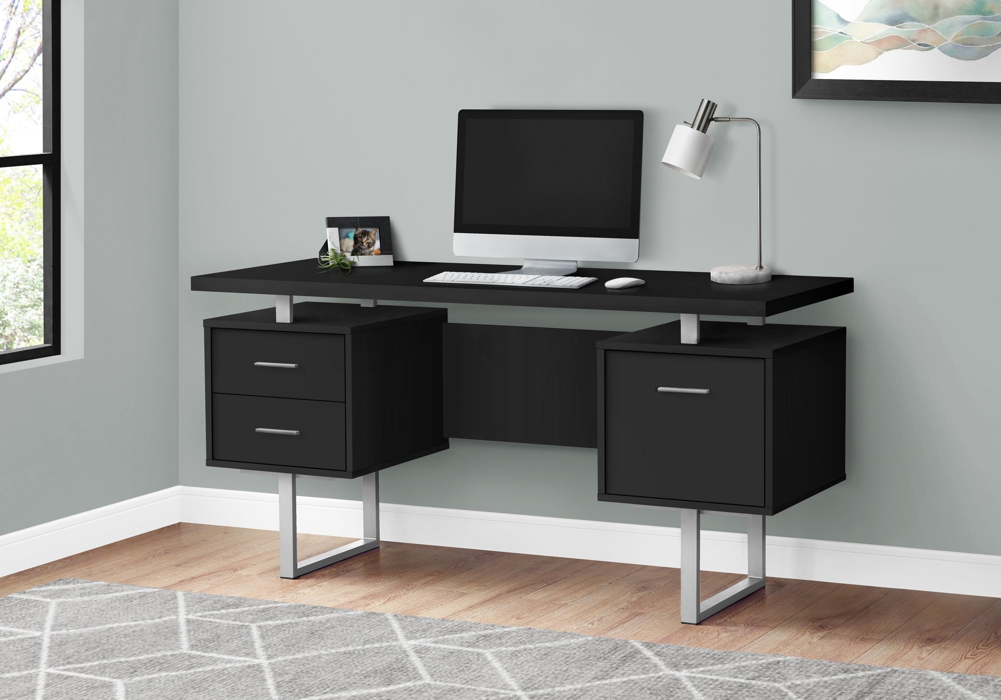 Computer Desk - 60"L / Espresso / Silver Metal-Computer Desk-DECOROLALA