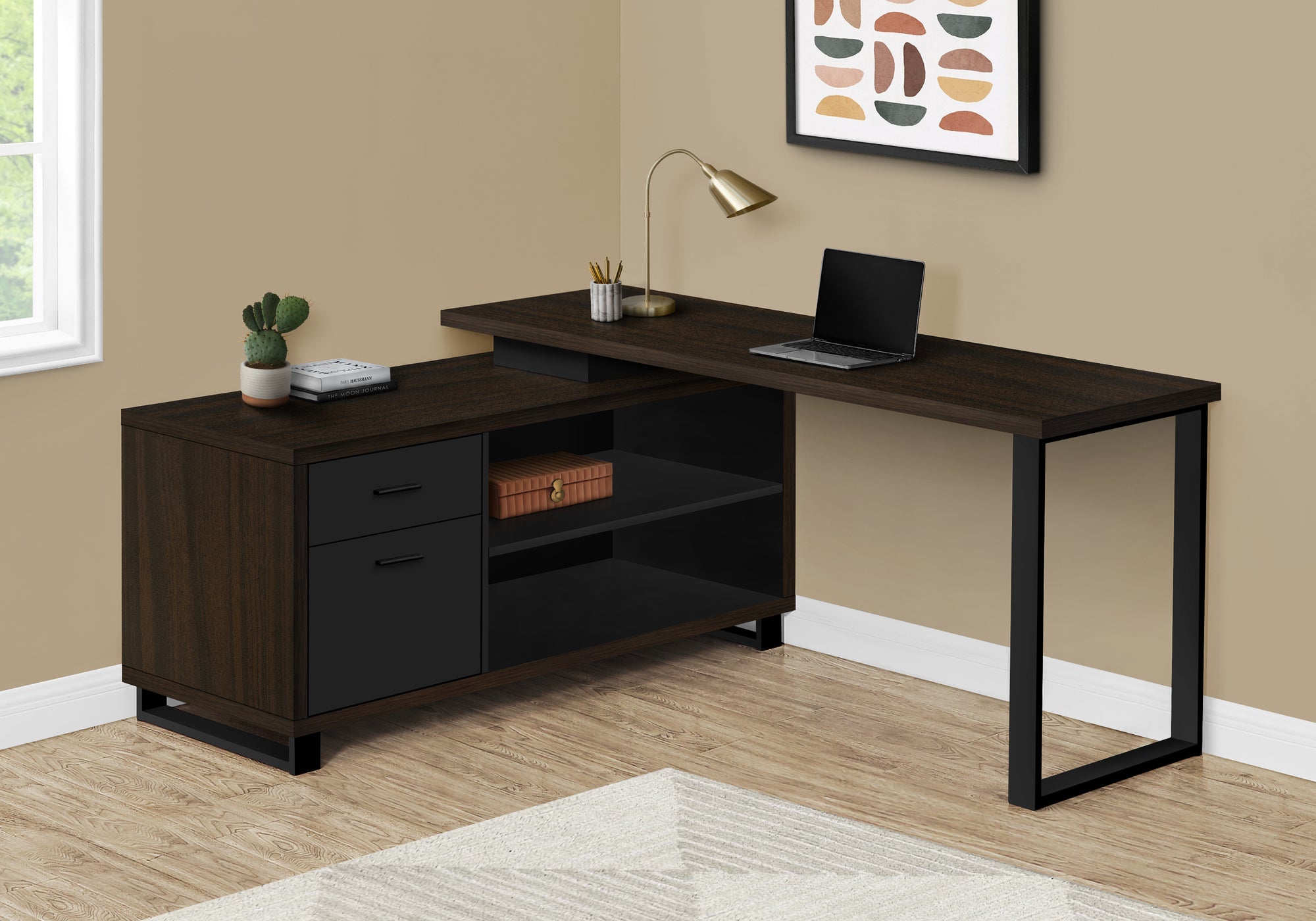 Computer Desk 72"L L-Shaped Espresso/Black-Computer Desk-DECOROLALA