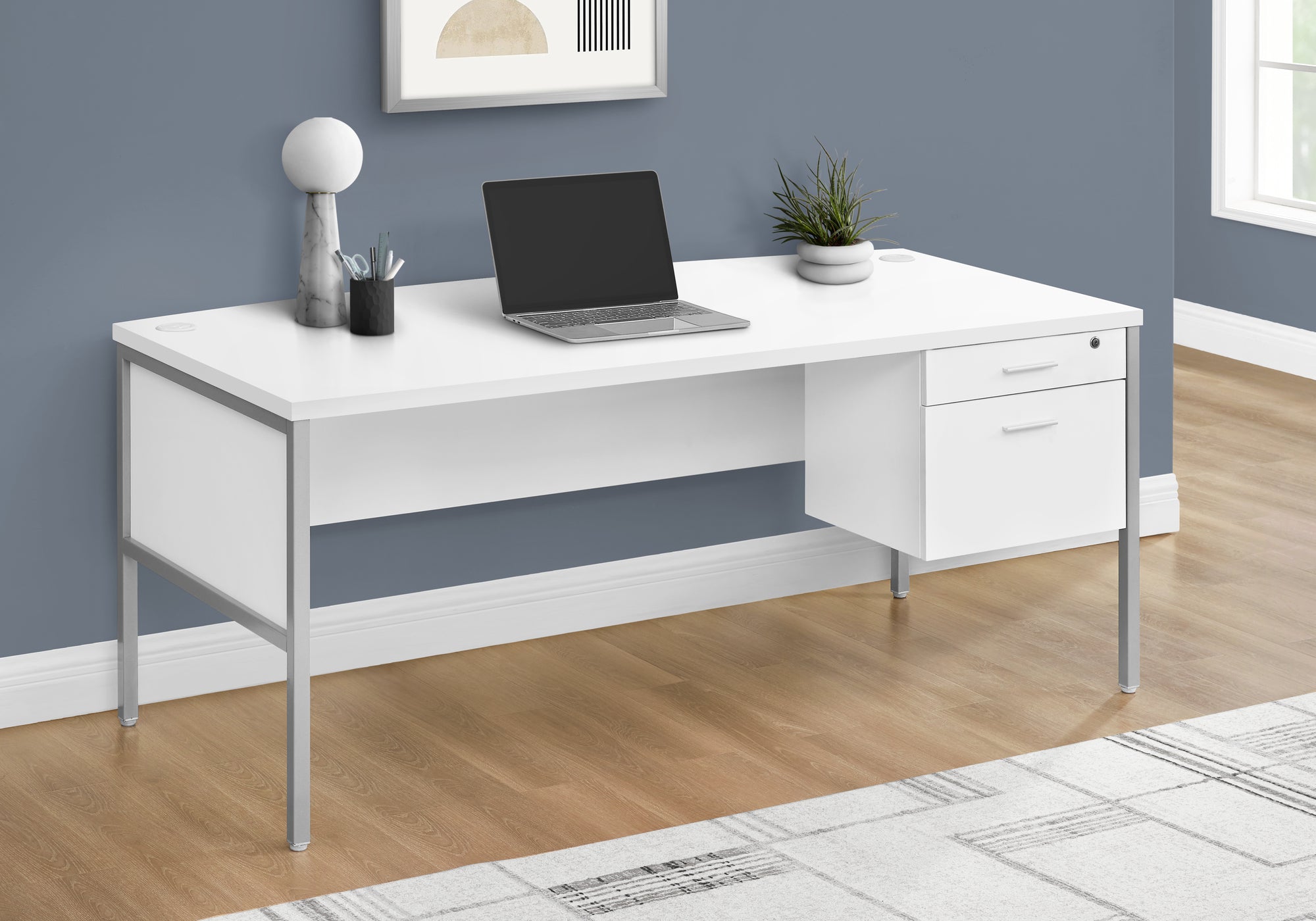 Computer Desk 72"L White/Silver Commercial Grade-Computer Desk-DECOROLALA