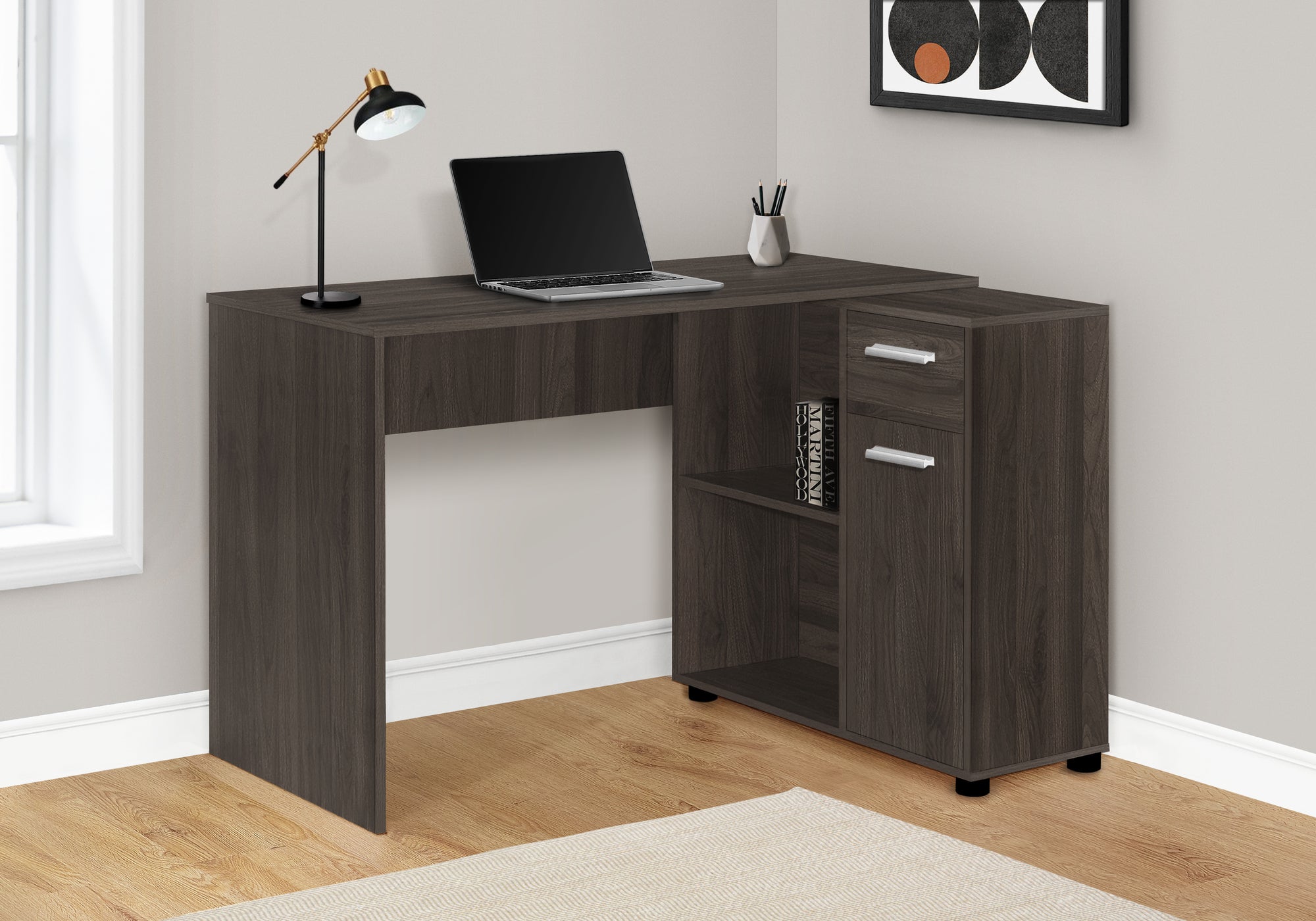 Computer Desk L-Shaped 46" Industrial Grey Storage-Bookshelf-DECOROLALA